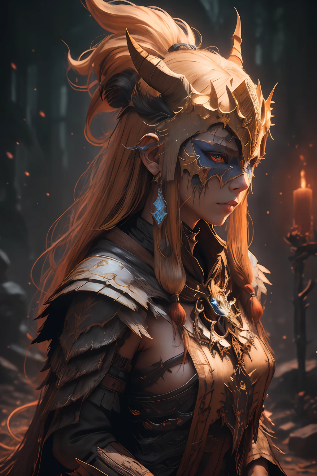 sh4g0d,
girl shaman, wearing mask made of wood, portrait, kneeling, skin showing, dark blonde straight long hair, great details and colour