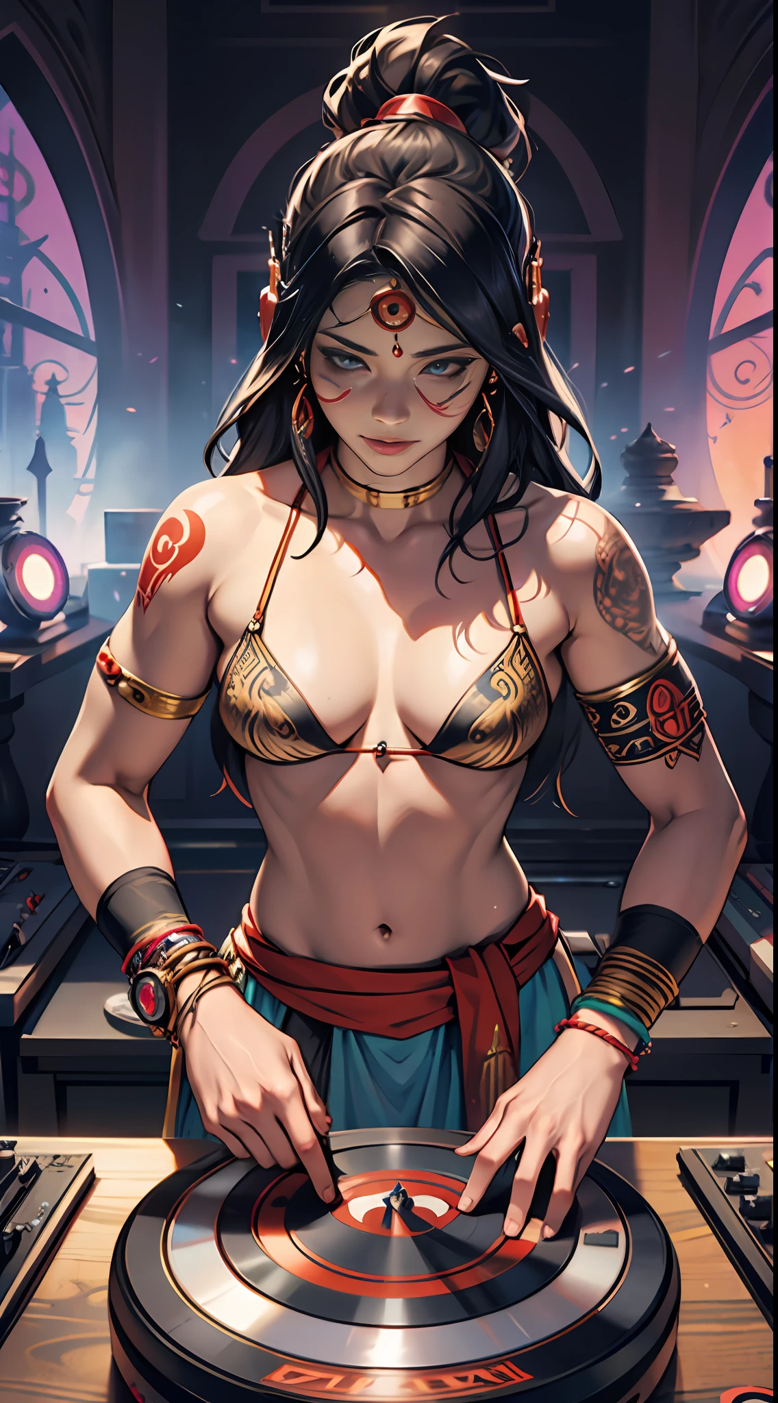 Tantric priestess in loincloth with tattoos and percings and an ironman mask mixing music on a DJ turntable at a Hindu temple Ultra-realistic photo --auto