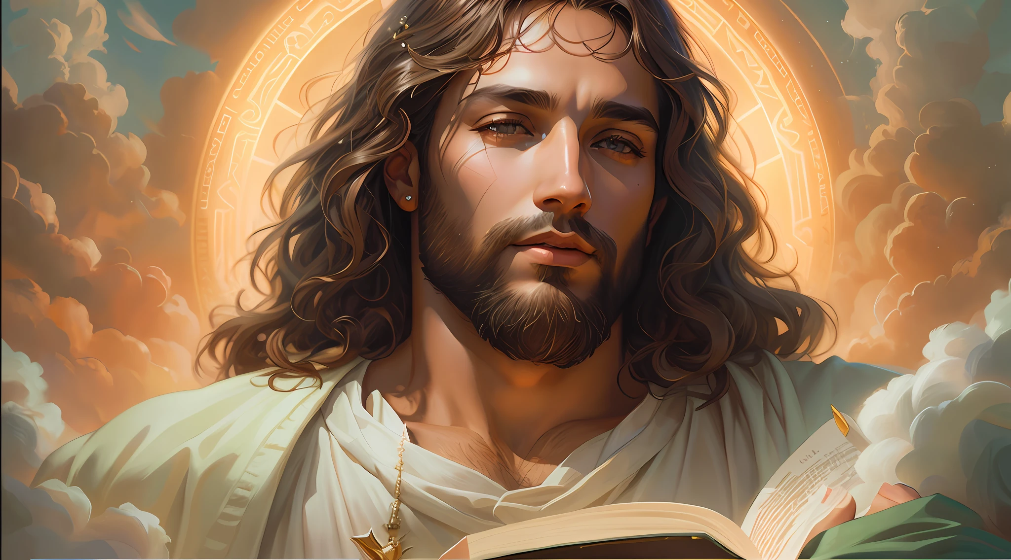 Jesus lendo um livro nas nuvens de olhos fechados, Retrato de Jesus Cristo, Rob Rey, Jesus Cristo, pintura detalhada 4K, baixo detalhamento. pintura digital, bible illustration, Alexey Egorov, arte do personagem charlie bowater, pintura digital detalhada, pintura digital renascentista, retrato do livro do RPG, Wojtek FUS, Directed by: Roman Bezpalkiv
