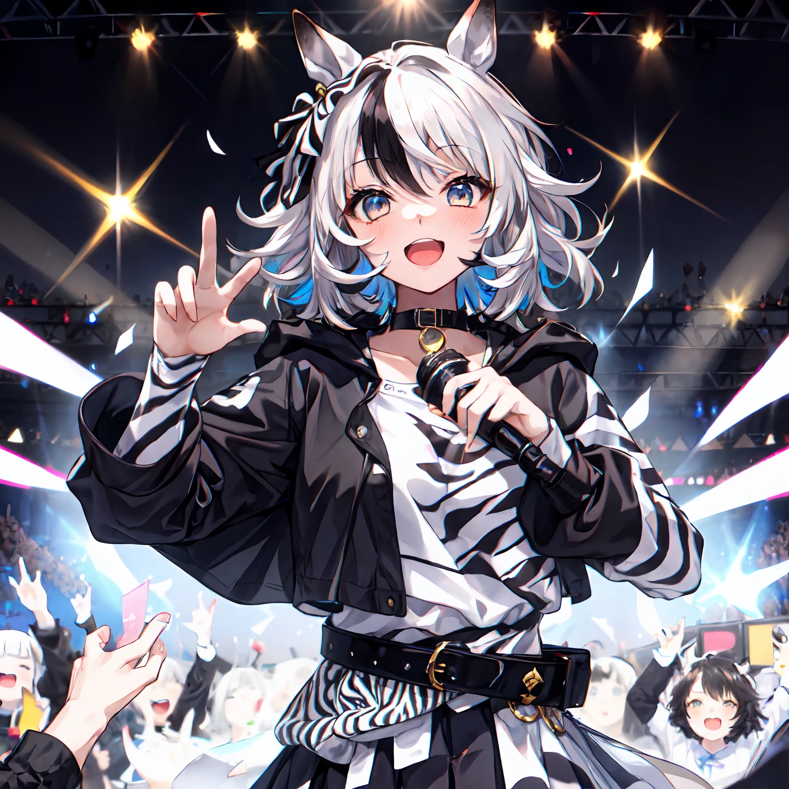 1girl,Solo,Umamusume,Zebra_print,White_eyes,multicolored_hair,messy_hair,(White_hair),Black_hair,Short_hair,Zebra_cloak,Black_Shirt,Belt,Neck_bell,Black_Skirt,concert