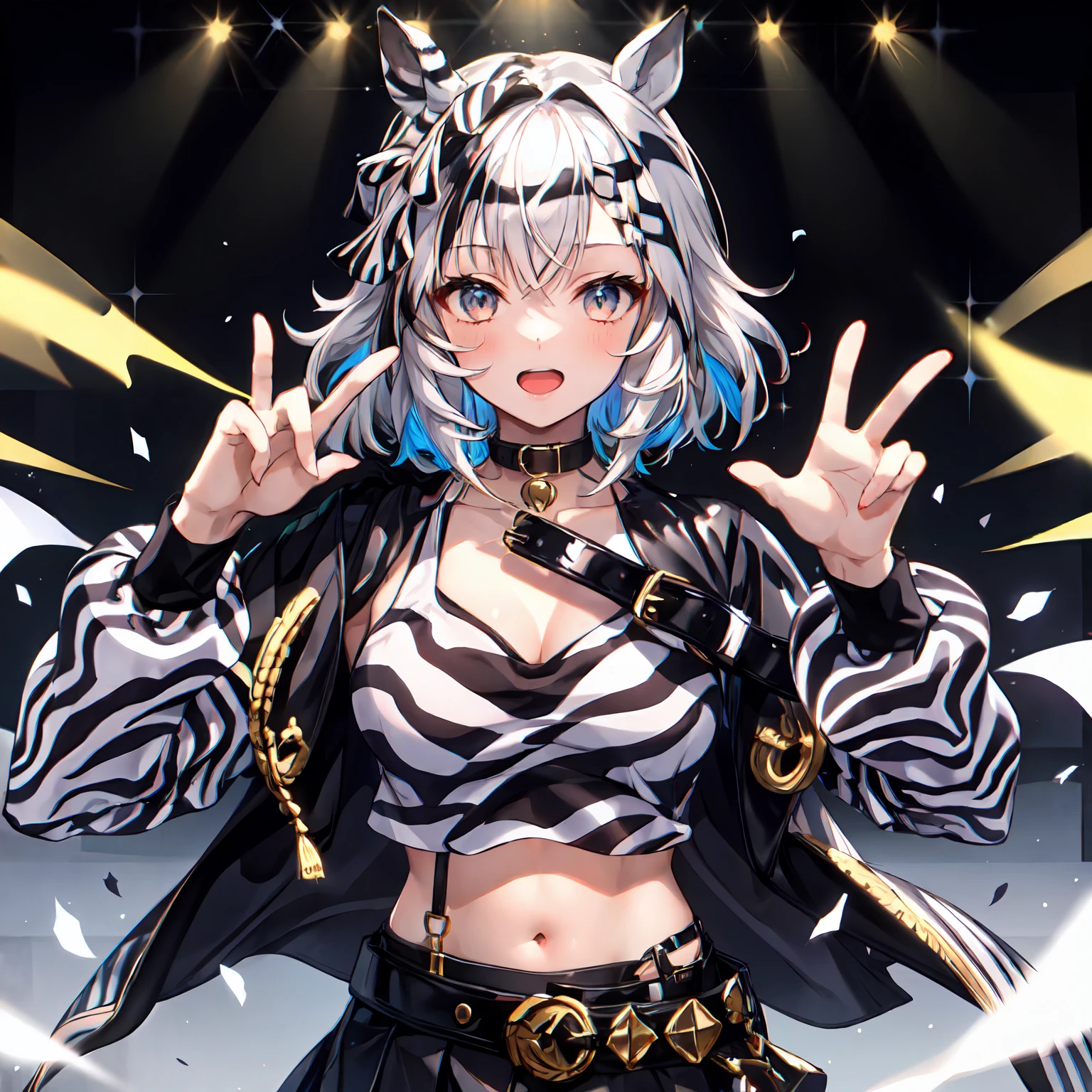 1girl,Solo,Umamusume,Zebra_print,White_eyes,multicolored_hair,messy_hair,(White_hair),Black_hair,Short_hair,Zebra_cloak,Black_Shirt,Belt,Neck_bell,Black_Skirt,concert