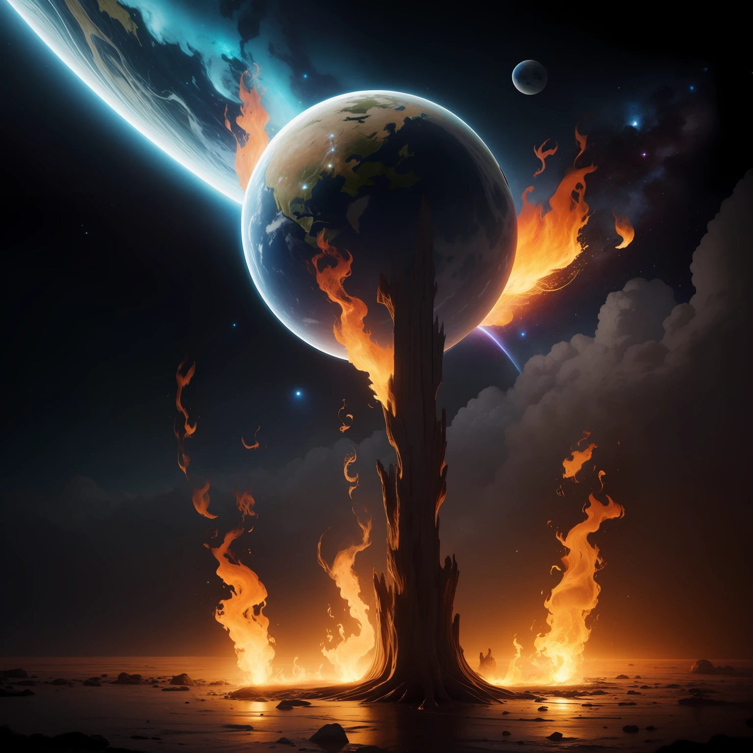 uma pessoa emergindo de uma ampulheta sem fim, envolto no fluxo do tempo, and space in an infinite universe, e os cinco elementos da natureza, Terra, water, fire, Faria, and ether