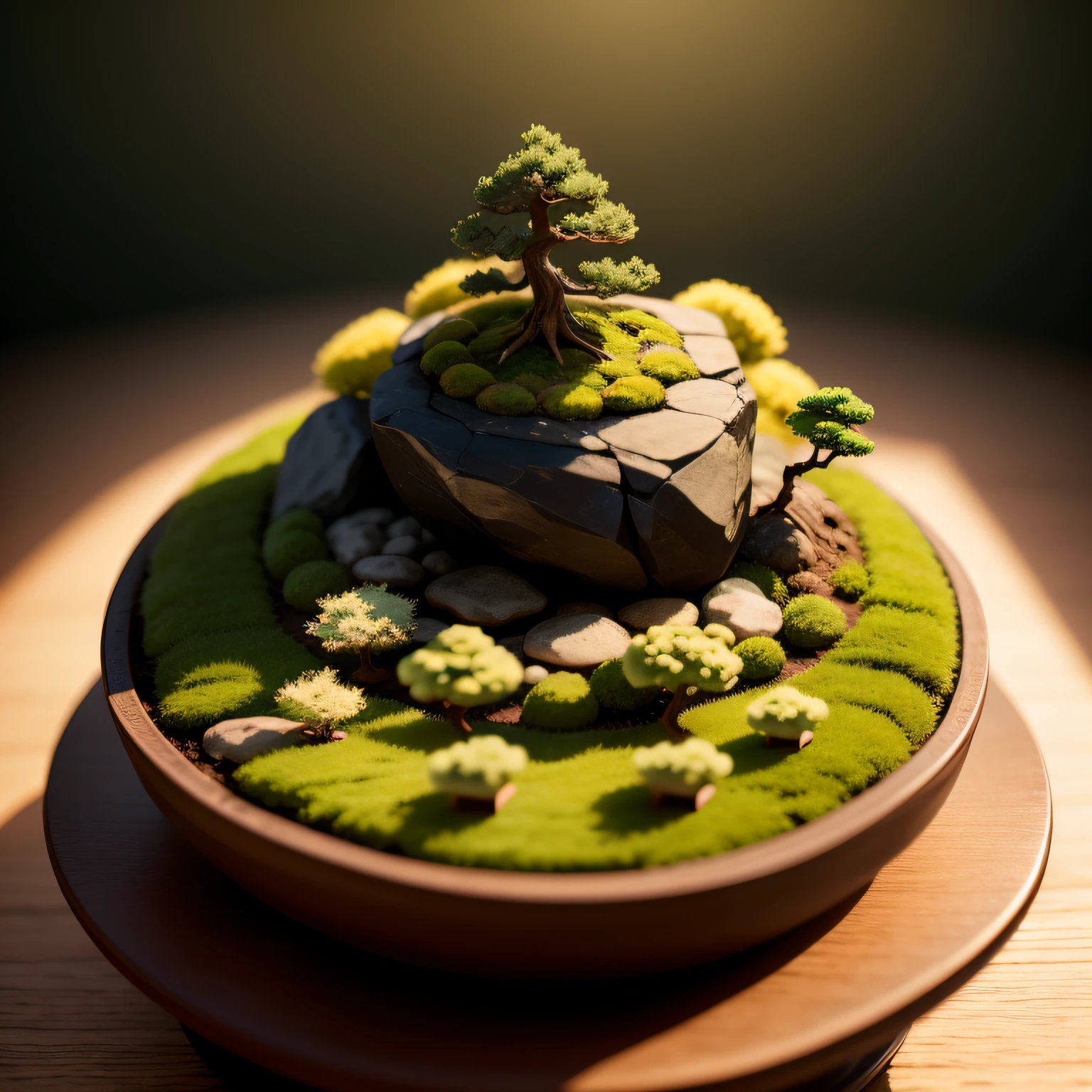 Miniature Bonsai landscape with dolls on top of Realistic, Photography, Studio lighting, shot by Phase One camera, HDR clarity detail, Hyperfocal length, 8K, Ultra Realistic
