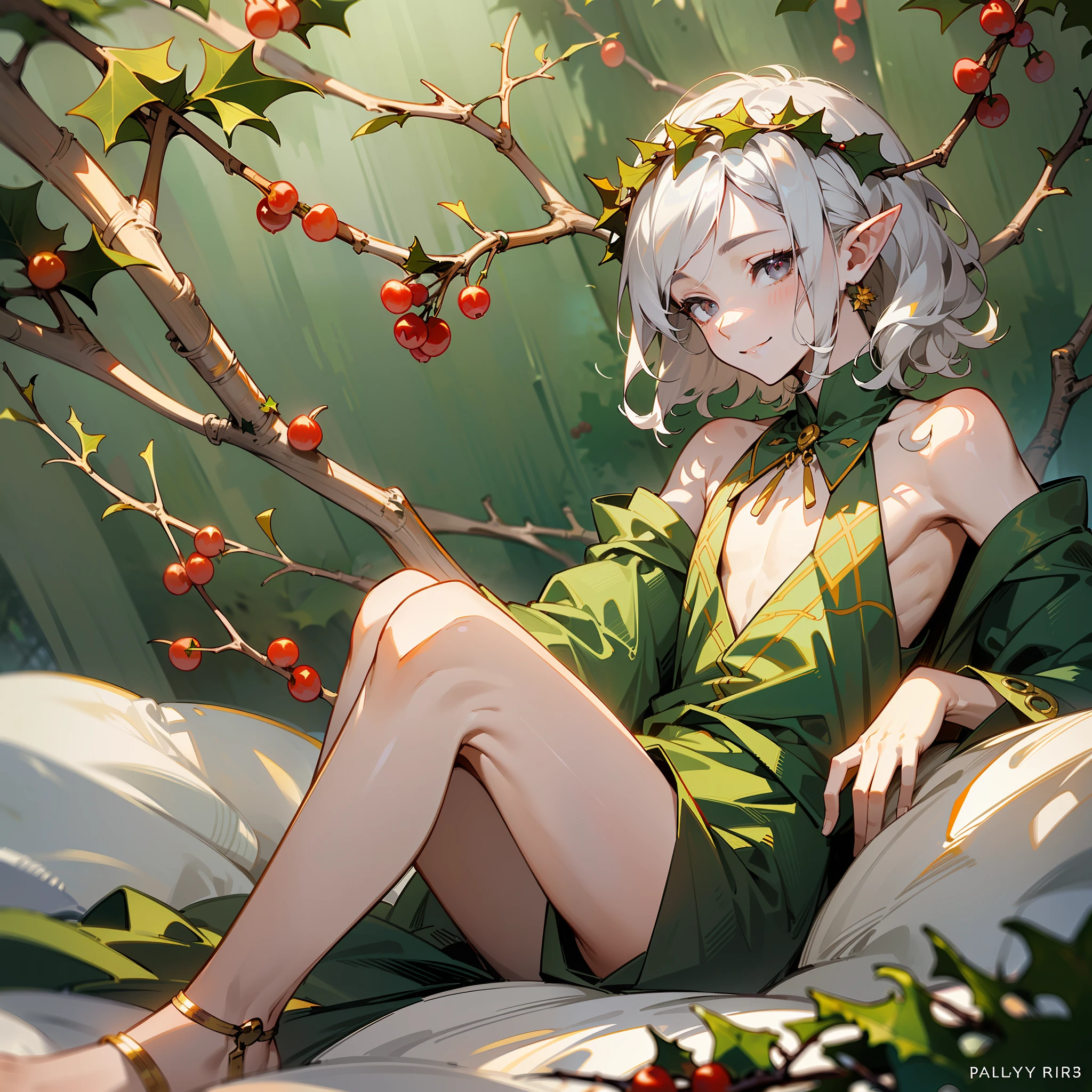 one young man, twink, (((male))), (((man))), (((1guy))), (((single))), (((solo))), (((grey hair))), (((silver eyes))), ((medium short hair)), ((chin-length hair)), (wavy hair), slim body, ((flat chest)), (((fantasy style))), (((wearing fir branches in his hair))), fir branches, pine branches, (((holly leaves in his hair))), (((red berries in his hair))), red berries in hair, flowercrown, ((pointy ears)), (((silver colored eyes))), smooth skin, bare legs, revealing clothes, (((wearing twigs in his hair))), holly leaves, (mistletoes), ((nuts)), gold details, winter, (smiling), (inside a fantasy palace), sunny weather, ((alone)), (relaxing on the bed), ((inviting pose)), (flirty expression), (seductive)