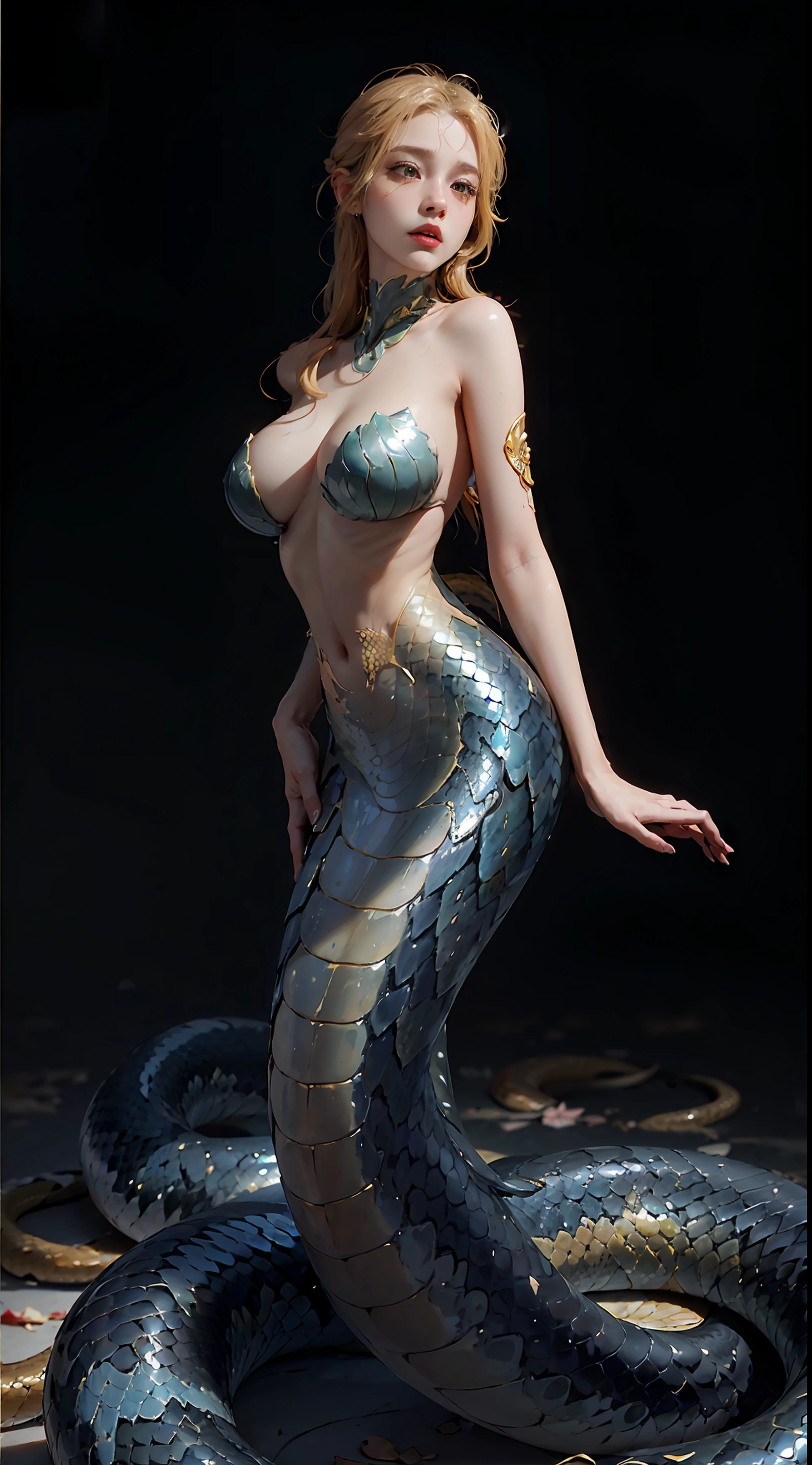 (mermaid:1.2), (Elongated snake tail:1.3)，8K  UHD，RAW photo，A snake woman，（Python pattern），（snake man），(Golden scales)，(Real Human:1.3)，(A high resolution:1.4)，(A detailed:1.5)，(photorealestic:1.7)，RAW photo，Portrait Photogram，Realistic scales，golden colored，RAW photo，超A high resolution，Foto realism，best qualtiy，(highdetailskin，skin detailed)，Visible Pore，Shiny skin，tmasterpiece，finedetail，Colorization，Extremely Delicately Beautiful，Extremely detailed 8k wallpaper，8K high quality，Digital SLR，Snake man maiden with beautiful details，(looking at viewert)，professional photograph lighting，Faraway view，full bodyesbian，in a panoramic view