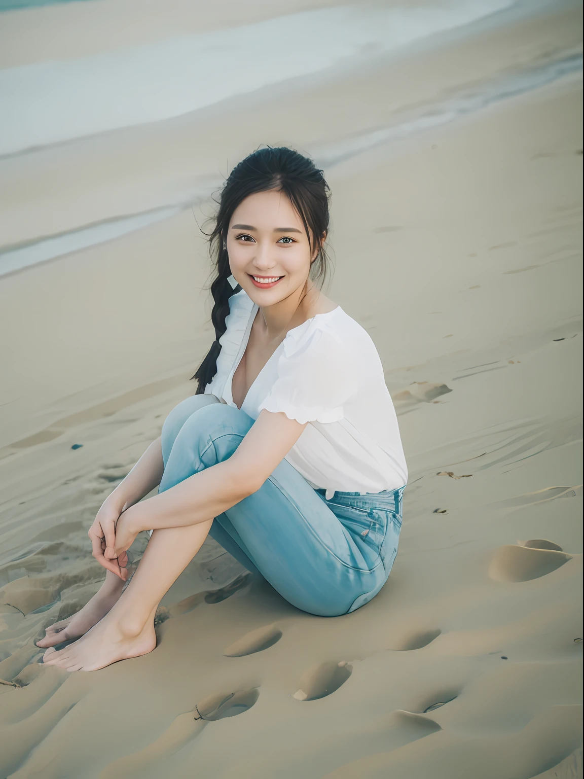 ((Best picture quality, 8K, tmasterpiece:1.3))，((1个Giant Breast Girl))，A small braid，Ultra-fine face，A detailed eye，ssmile，The chest is relatively small，Slender abs，half-body photo，(White color blouse，Denim jumpsuit，Barefoot，Step on the sand，The background is the sea and the islands))，