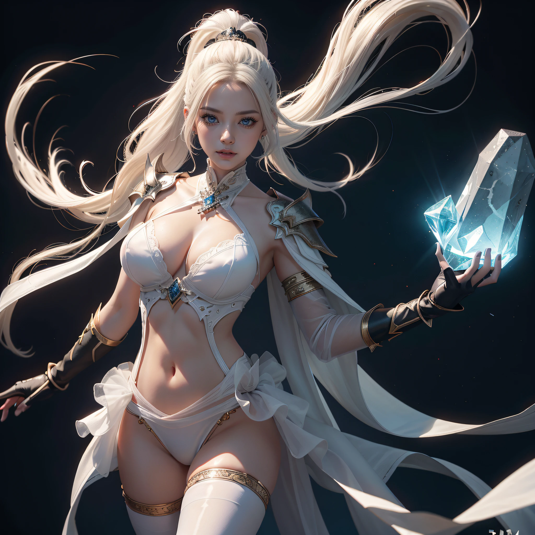 tmasterpiece, best qualtiy, ultra - detailed, 8K, Detailed light,detailed shadow, primitive, (Detailed skins), (Fidelity:1.2), 1个Giant Breast Girl, the face, Pilyeon, Dragon Knight, teens girl, White color hair,High ponytail, Black Dragon Scale Armor, Orange transparent crystal decoration, Raised sexy,On his back was a huge orange crystal transparent sword。, One hand crosses the waist, black undersuit,Keep one's mouth shut,white colored eyelashes,cparted lips,blue color eyes,ssmile,Slim,Bandeau,Belly covering。