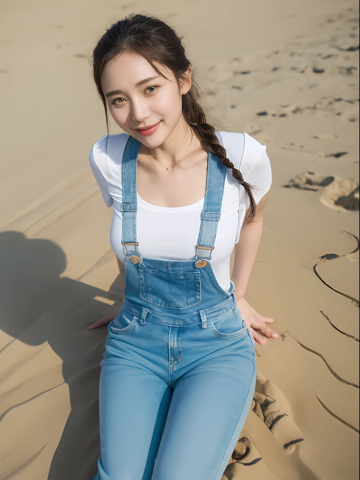 ((Best picture quality, 8K, tmasterpiece:1.3)),((1个Giant Breast Girl)),A small braid,Ultra-fine face,A detailed eye,ssmile,The chest is relatively small,Slender abs,half-body photo,(White color blouse,Denim jumpsuit,Barefoot,Step on the sand,The background is the sea and the islands)),