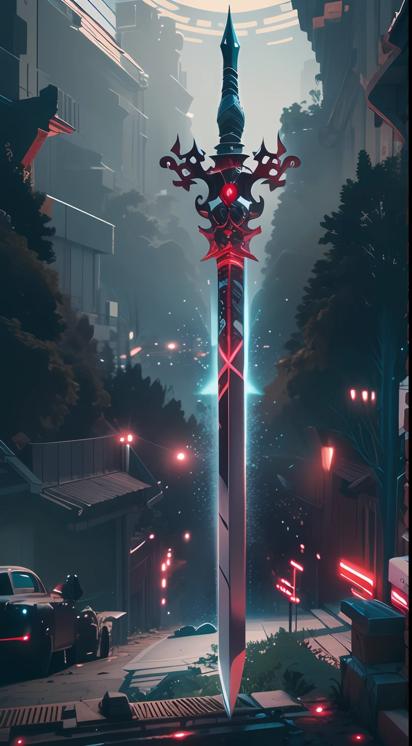 Excalibur,(((The body of the sword is wrapped with red and blue particle effects:1.3))),Sharp sword body,(The sword body is symmetrically ornamented:1.3),The tip of the dangling sword is downward,(Excalibur's entire body is centered:1.3),Mid-range close-up,(Overall silhouette:1.3)Fantastic ancient Chinese landscape,Ultra photo realsisim,super-fine,8K,Premium wallpapers,Highest image quality,3D,C4D,Master masterpieces,octaneratingrendering