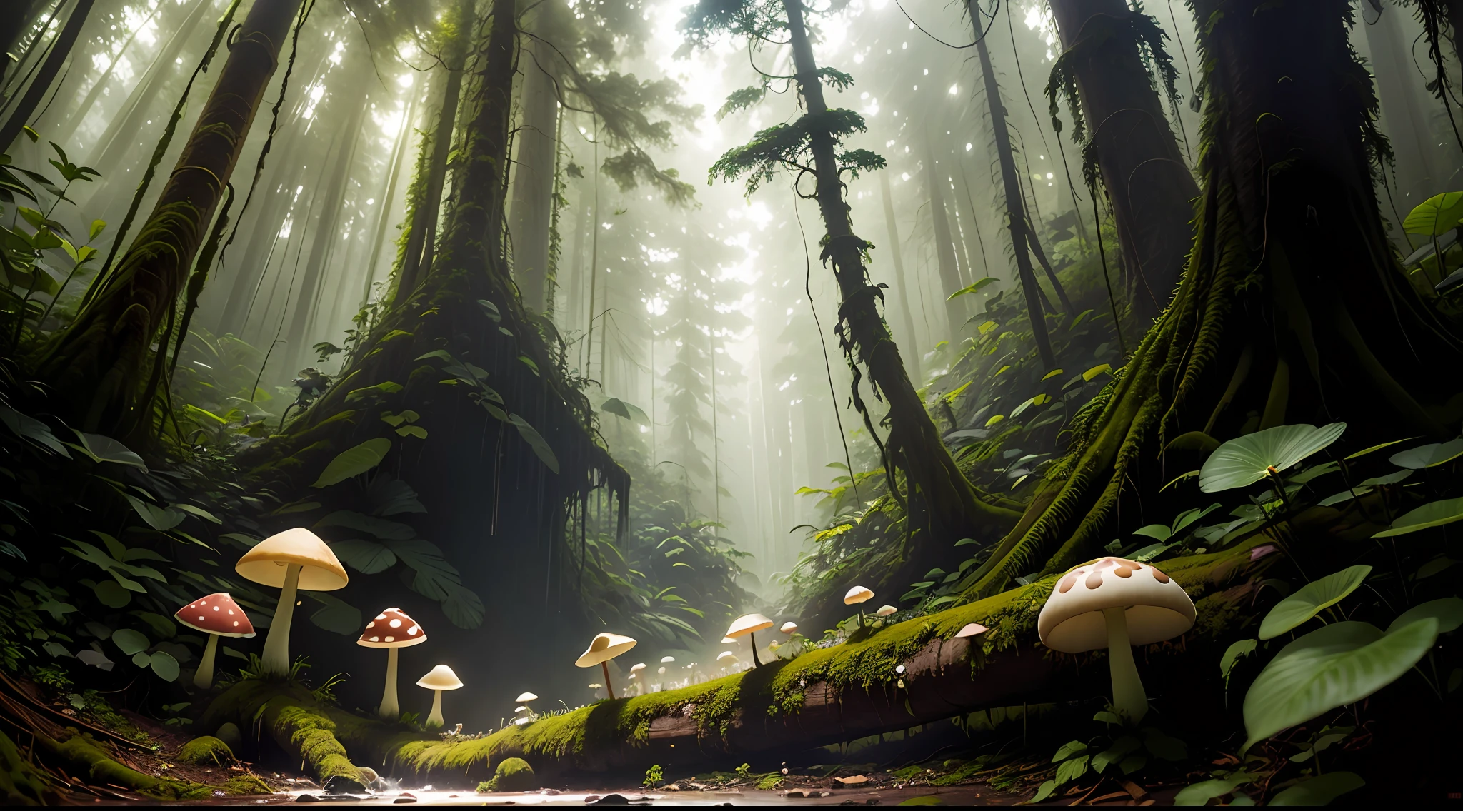 a group of toadstools grows on a dead log in the middle of a lush rainforest, briliant light through the canopies, cinematic composition --auto