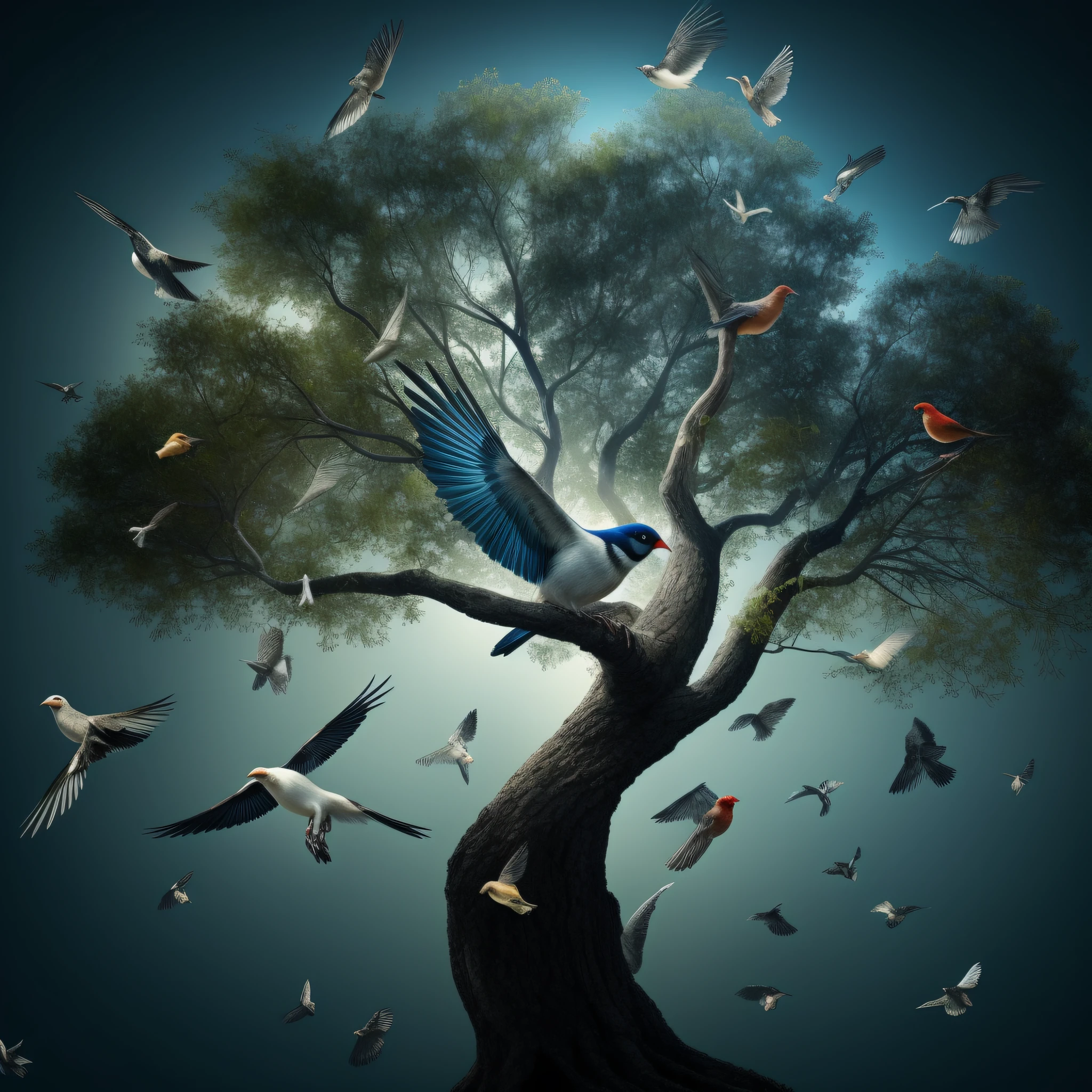 Representation, tree, projection, diverse birds, exotic and simple birds, technology, impeccable, highly detailed, sharp focus, medium realistic, digital painting, 4k, without deformity. (best quality), extremely delicate and beautiful, finely detailed, masterpiece, ultra-detailed, photorealistic, digital illustration, portrait
