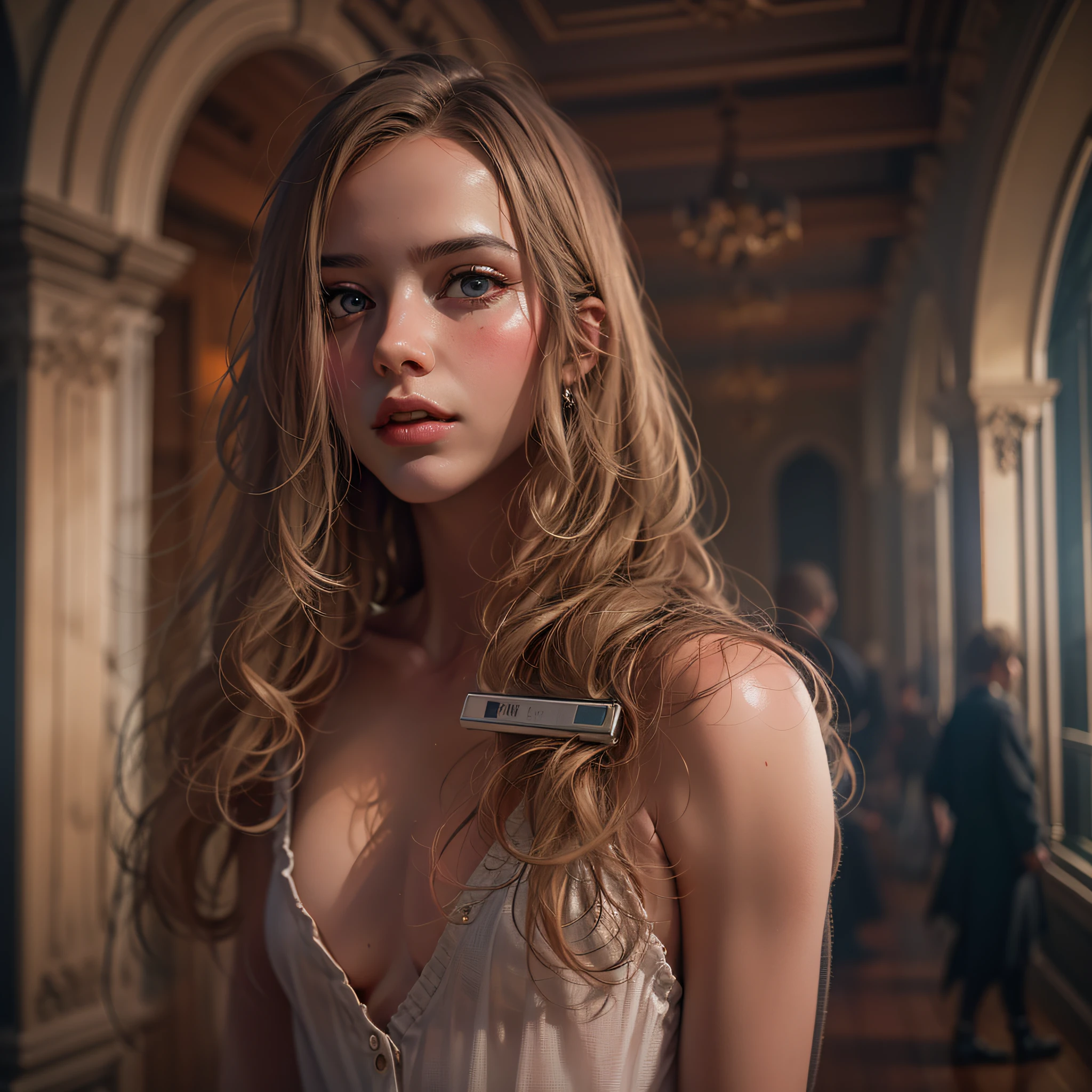 Model woman posing, Very beautiful 20 year old woman, The background is a room in the museum, Very long hair, Revealing clothing, Gradient Eyes, makeup, Cinematic lighting, , One-person viewpoint, canon, nffsw, retinas, masutepiece, ccurate, Anatomically correct, Textured skin, Super Detail, high details, High quality, awardwinning, Best Quality, hight resolution, 1080p, hard disk, 4K, 8K, 16 K