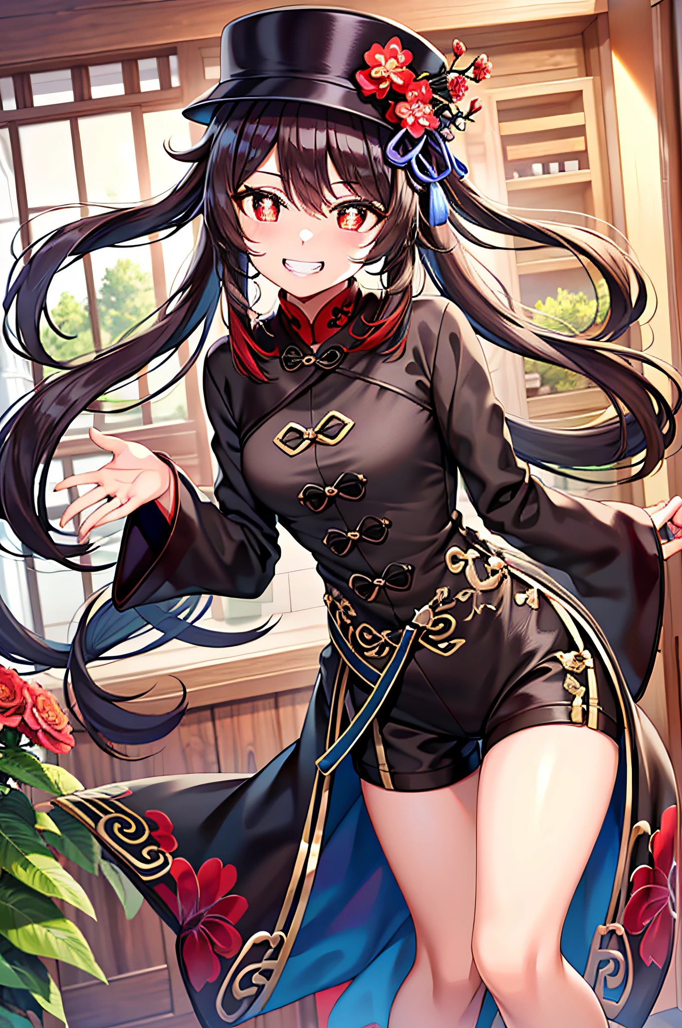 (Best Quality), (masutepiece), ((Beautiful:0.75) Cute Girl:0.75), [Clear and clean] pixiv (Illustration), (Hu Tao/(GenshinImpact/)), Red Eyes, flower-shaped pupils, hat, long brown hair, Bangs, Twin-tailed, chinese clothes, Black shorts, Wide sleeves, grin, Light blue dress, View, Smile at me, kind, looking after, Beautiful, Love me with all my heart