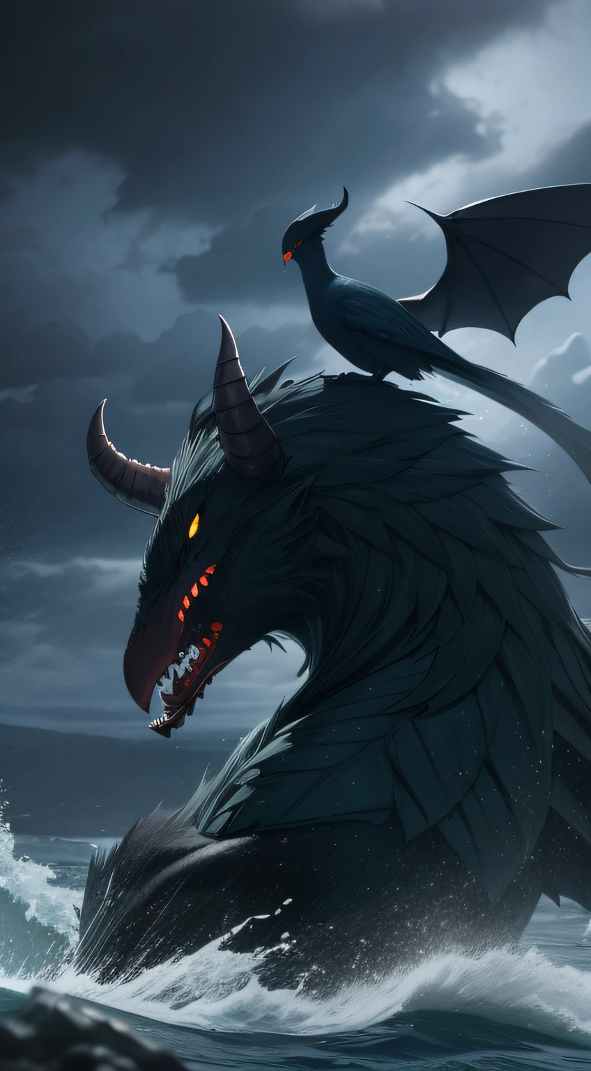 There is a dark and turbulent sea，Demons with green-faced fangs are floating around，There are sacred birds flying in the sky
