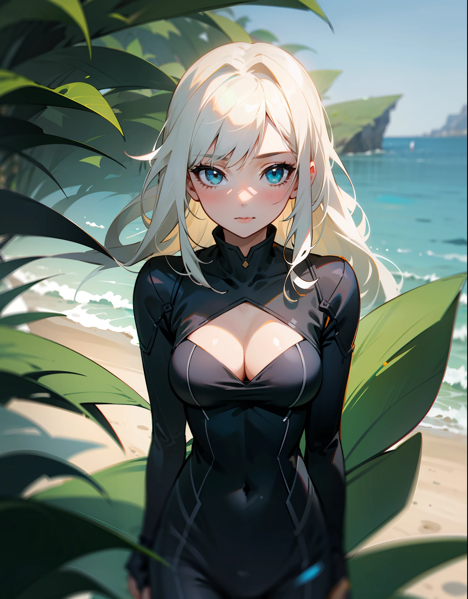 one-girl，Off-the-shoulder attire，cleavage，little breast，looks into camera，sportrait，closeup cleavage，black undersuit，long  white hair，sea beach，Greenery，比基尼