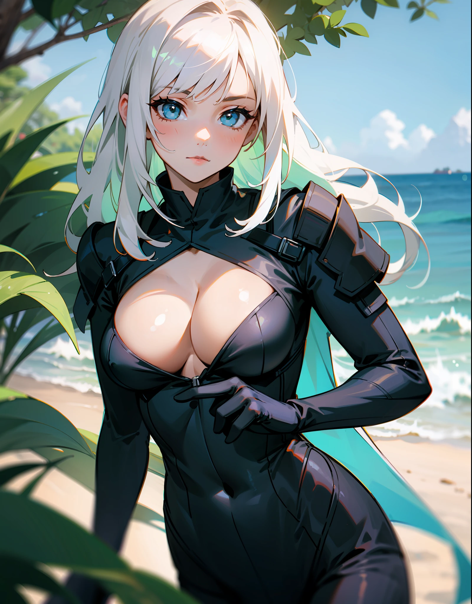 one-girl，Off-the-shoulder attire，cleavage，little breast，looks into camera，sportrait，closeup cleavage，black undersuit，long  white hair，sea beach，Greenery，比基尼