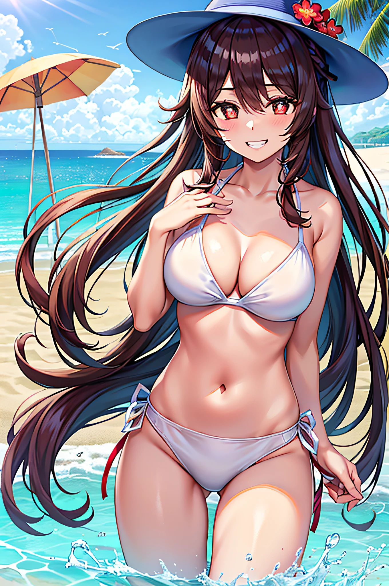 (Best Quality), (masutepiece),1girl in,((Beautiful:0.75) Cute Girl:0.75), [Clear and clean] pixiv (Illustration), (Hu Tao/(GenshinImpact/)), Red Eyes, flower-shaped pupils, hat, long brown hair, Bangs, Twin-tailed, grin, View, Smile at me, kind, looking after, Beautiful, Love me with all your heart,(独奏)、Naughty big、Big breasts emphasis,(a white bikini:1.3),(the beach:1.3)