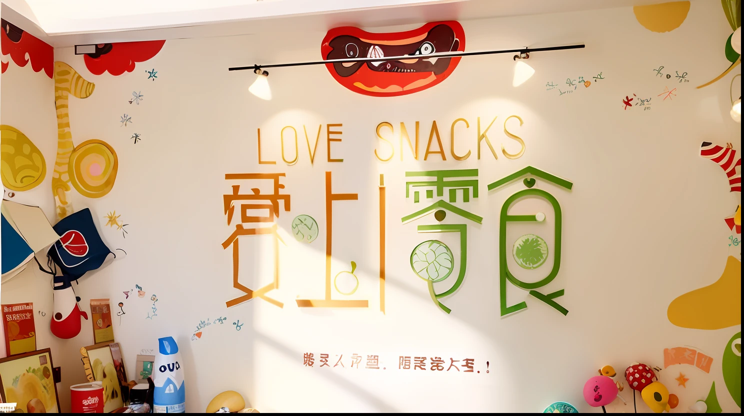 There is a sign on one wall that says snacks, Snacks, ❤🔥🍄🌪, 😭 🤮 💕 🎀, Wang Chen, Yum, hand painted cartoon art style, 💣 💥, lulu chen, delicacy, food advertisement, 🪔 🎨;🌞🌄, 🤬 🤮 💕 🎀, 🕹️ 😎 🚬