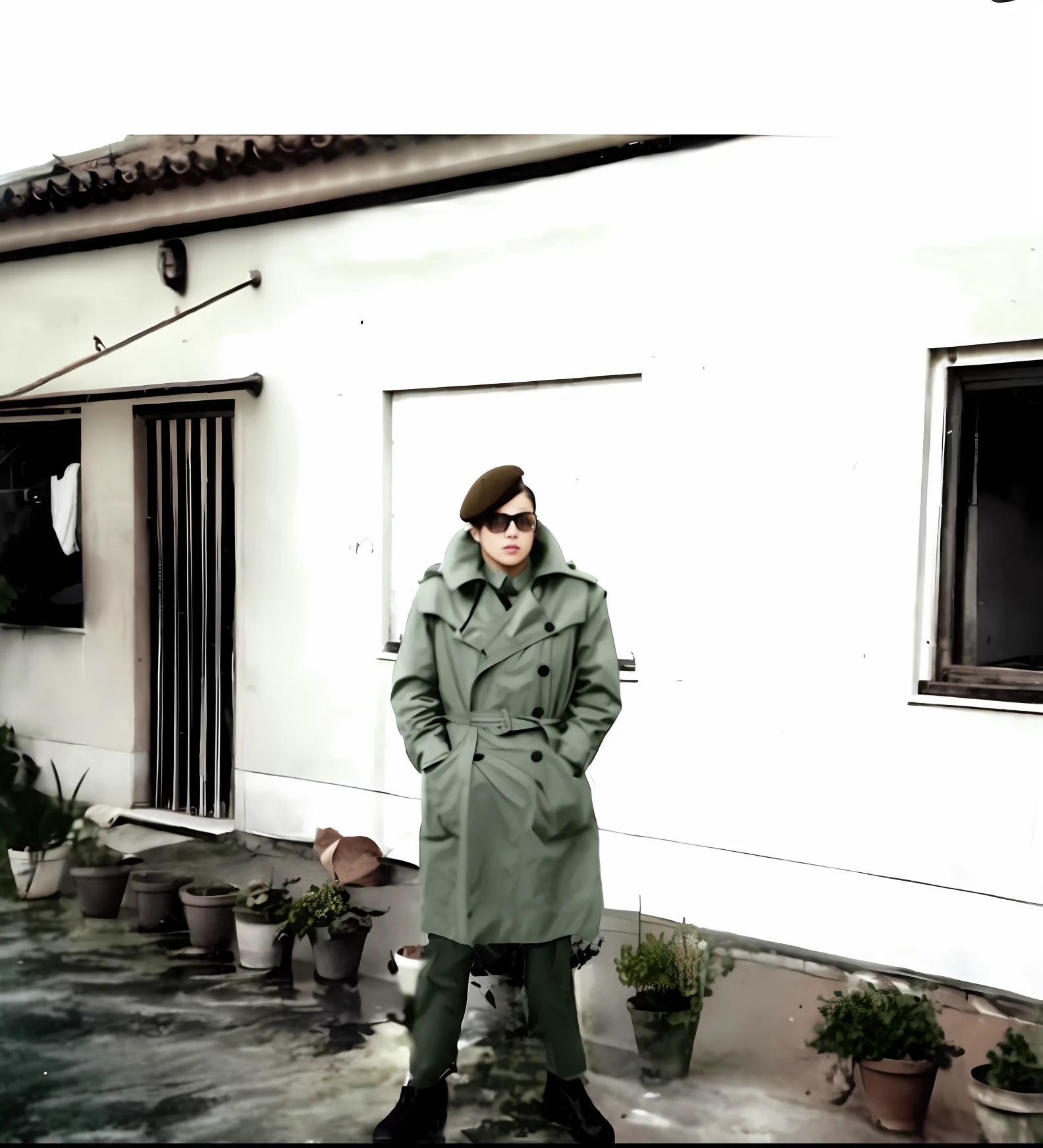 Militar, tem uma boina castanha,camisa verde com gravata, gabardina militar, botas pretas, wears brown glasses