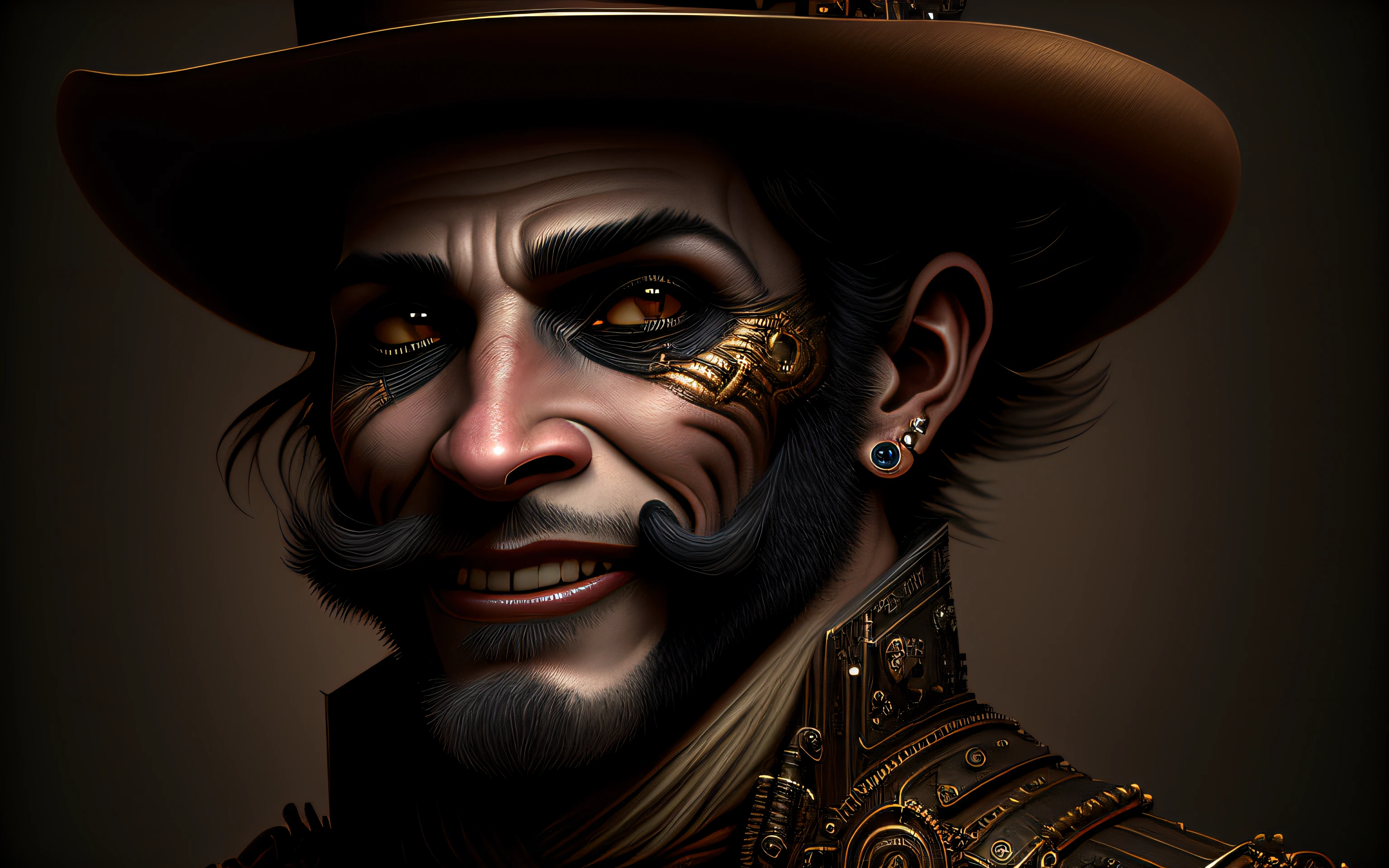 Uma imagem de um mago sombrio, humano e homem, com uma cartola steampunk, smiling menacingly, ao estilo de arte digital remetendo a fantasia e com detalhes impressionantes, alta qualidade