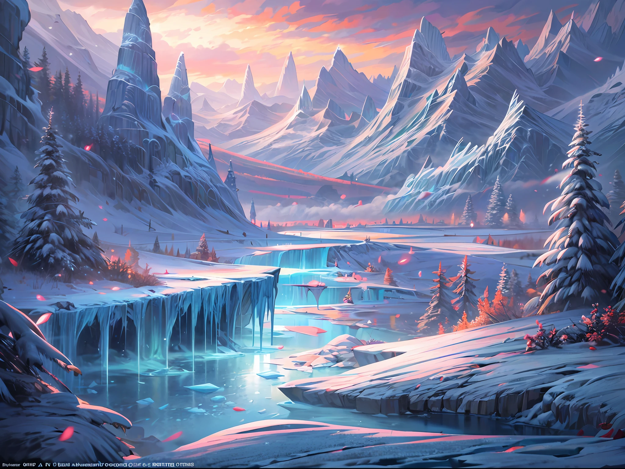 This breathtaking piece of official concept art by Mappa Studios depicts a majestic scene of an ice age frozen river. Every element is covered in a pristine blanket of glistening ice and snow, creating a winter wonderland. The landscape features an enchanting forest of ice spikes, which reach towards the sky with an ethereal beauty. Above, the aurora dances across the night sky, casting a mesmerizing glow over the frozen landscape.
BREAK
Despite the blizzard and snowstorm raging, a small bush resiliently stands, adding a touch of life and color to the otherwise icy surroundings. The atmosphere is heightened by a gentle fog, which adds an air of mystery and creates a sense of depth within the scene.
BREAK
This highly detailed digital art is rendered in a stunning 4k resolution, showcasing the intricate details of the ice formations and the delicate textures of the snow. The realism achieved through the use of Octane Render brings the scene to life, making it almost tangible.
BREAK
The use of bioluminescent elements adds a magical touch to the composition, with soft glows of cool colors illuminating the frozen landscape. The artistic technique of ligne claire creates clean, well-defined lines, adding to the overall aesthetic appeal of the artwork.
BREAK
This masterpiece is a testament to Mappa Studios' talent and expertise, representing the best quality in official art and illustration. The composition is perfectly balanced, adhering to the rule of thirds and creating a visually pleasing arrangement of elements.
BREAK
With its 8k resolution, this concept art showcases an incredible level of detail, allowing viewers to immerse themselves fully in the frozen world depicted. The image is a true gem in the realm of fantasy art, capturing the essence of a winter wonderland with a focused and captivating vision.