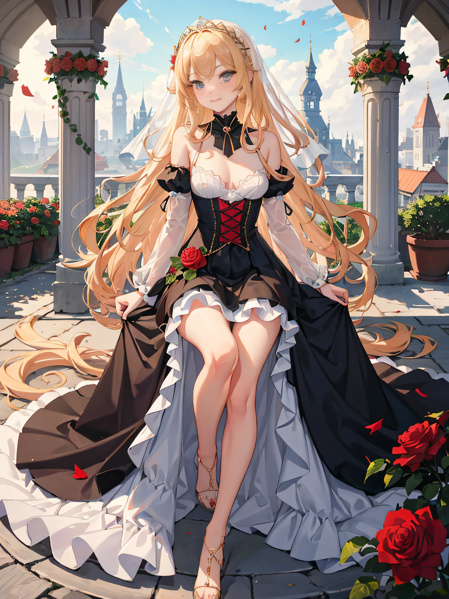 ((​masterpiece)), (top-quality), (detaileds),4K resolution. 1 Girl Sharp Focus、a blond,Princess Cut,odd eye,Older sister,diet,long,Red Rosa,tiarra,Black Dress,curlyhair,small tit,small tits,Cool,Rose Dress,embroideries,oriental,A sexy,Sareme,garden,Sunnyday,blue-sky,Confetti、small nose,narrow nose and small nose,,,,,,,,,,,,,,,,,,,,,,,,,,,,,High small nose,small nostrils,see -through,Full body like,oblique,1girl in,Golden hair color,Light hair color,Beige hair color,Rosa,Red Rose,Rosa,Red Rose,Rose Dress,weddingdress,Arm Cover，Adults，adult lady，veils，Kamimei,Red Rose,Rosa,Rosa,Rosa,Rosa，Rosa,Red Rose，Big sister，adult lady，adult lady，adult lady，，adult lady，adult lady，Adult Women Mermaid Dresses，Mermaid Dresses，corsets，corsets，corsets，corsets，A smile