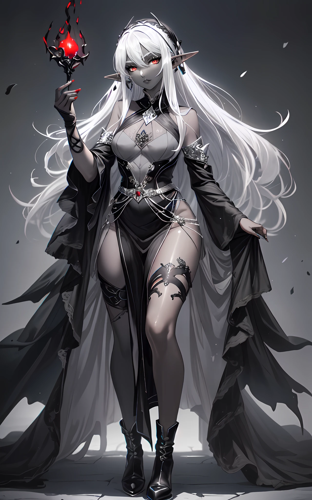 adult, (solo:1.2), (elf ears:1.3), 1girl, highly detailed beautiful face, (dark grey skin color:1.5),(long hair, white hair:1.2), (red eyes:1.3),sexy dress, fancy dress, black dress,fantasy dress,,(tigh high boots:1), thin, medium breasts, evil sorceress, casting a spell in a dungeon,gothic makeup, black lipstick
