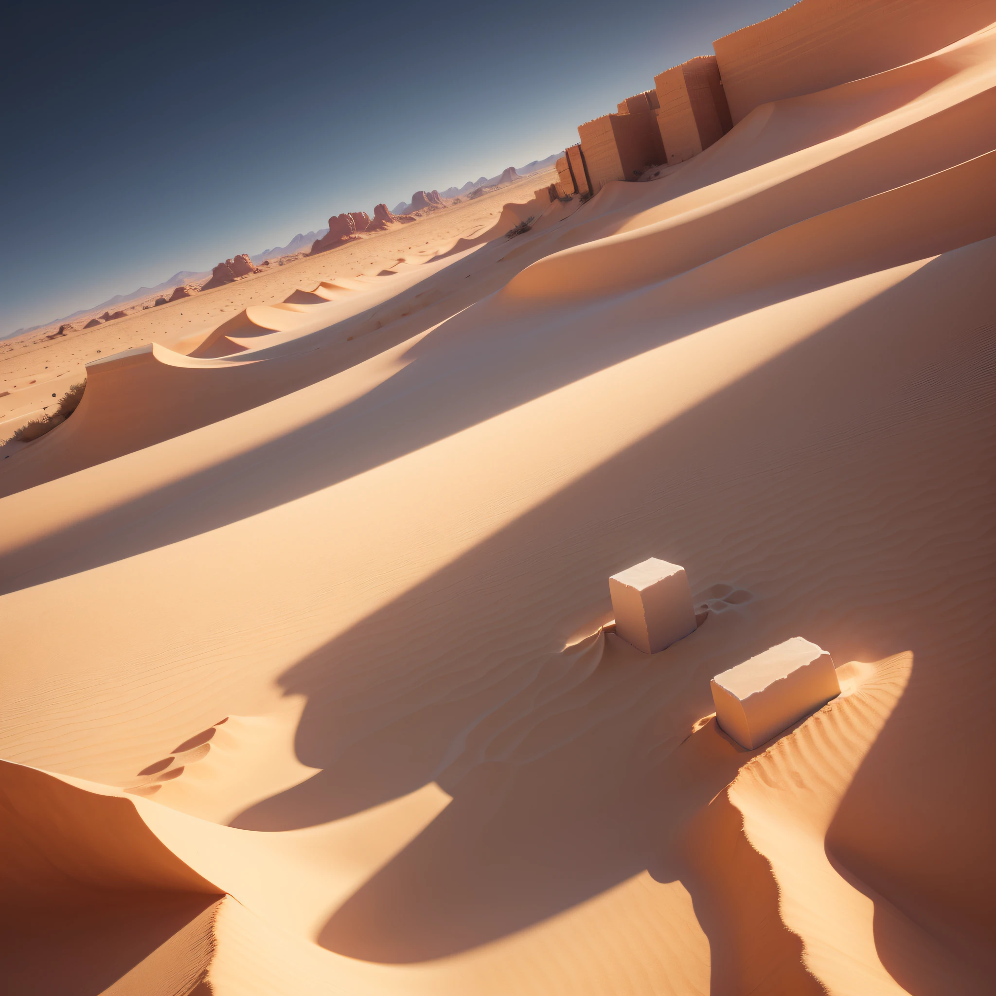 Muted colors liminal desert scape, random 3d blocks rendered in 2d, dot matrix barcode swirl night sky