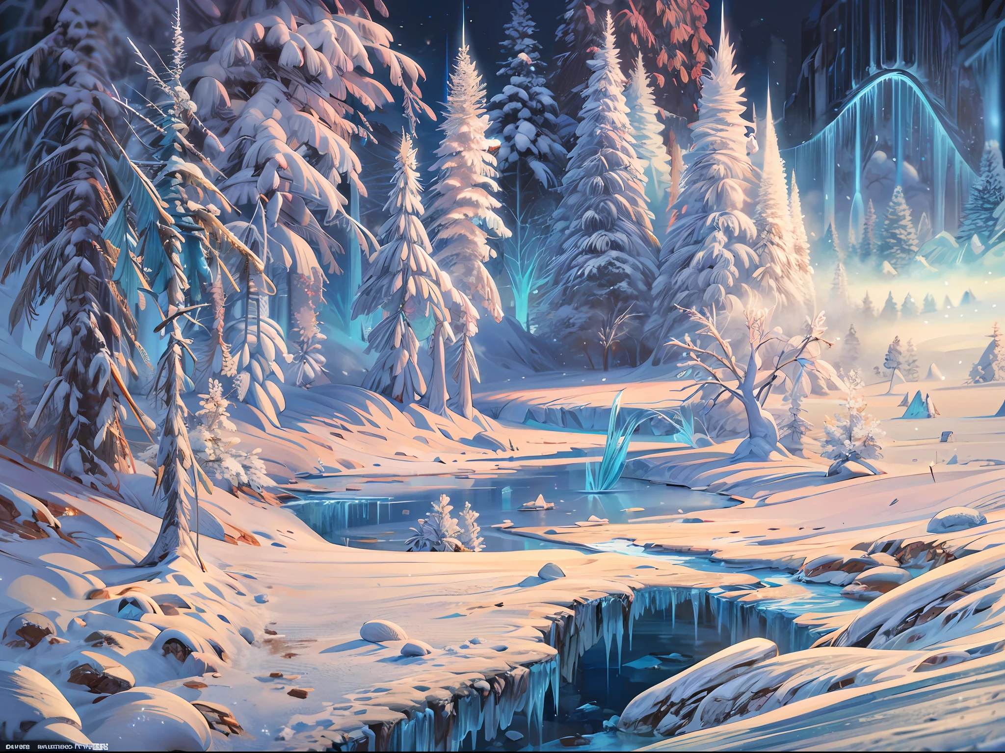 This breathtaking piece of official concept art by Mappa Studios depicts a majestic scene of an ice age frozen river. Every element is covered in a pristine blanket of glistening ice and snow, creating a winter wonderland. The landscape features an enchanting forest of ice spikes, which reach towards the sky with an ethereal beauty. Above, the aurora dances across the night sky, casting a mesmerizing glow over the frozen landscape.
BREAK
Despite the blizzard and snowstorm raging, a small bush resiliently stands, adding a touch of life and color to the otherwise icy surroundings. The atmosphere is heightened by a gentle fog, which adds an air of mystery and creates a sense of depth within the scene.
BREAK
This highly detailed digital art is rendered in a stunning 4k resolution, showcasing the intricate details of the ice formations and the delicate textures of the snow. The realism achieved through the use of Octane Render brings the scene to life, making it almost tangible.
BREAK
The use of bioluminescent elements adds a magical touch to the composition, with soft glows of cool colors illuminating the frozen landscape. The artistic technique of ligne claire creates clean, well-defined lines, adding to the overall aesthetic appeal of the artwork.
BREAK
This masterpiece is a testament to Mappa Studios' talent and expertise, representing the best quality in official art and illustration. The composition is perfectly balanced, adhering to the rule of thirds and creating a visually pleasing arrangement of elements.
BREAK
With its 8k resolution, this concept art showcases an incredible level of detail, allowing viewers to immerse themselves fully in the frozen world depicted. The image is a true gem in the realm of fantasy art, capturing the essence of a winter wonderland with a focused and captivating vision.