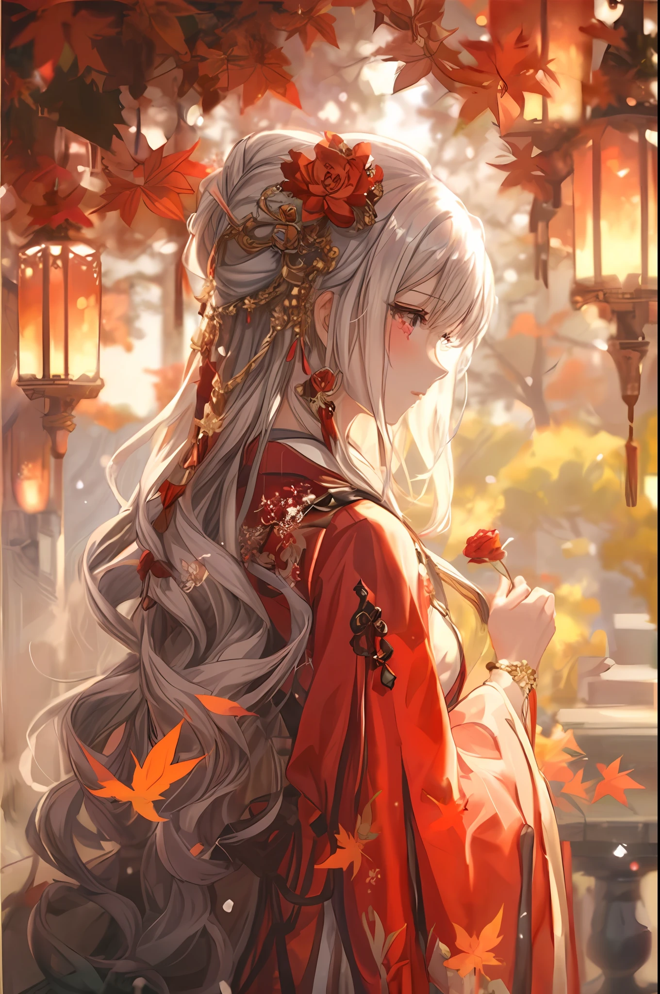 a woman in a red dress holding a flower in her hand, palace , a girl in hanfu, ((a beautiful fantasy empress)), autumnal empress, beautiful anime portrait, by Yang J, white haired deity, beautiful anime style, guweiz, beautiful anime girl, anime girl with long hair, flowing hair and long robes, beautiful anime woman, 🍁 cute