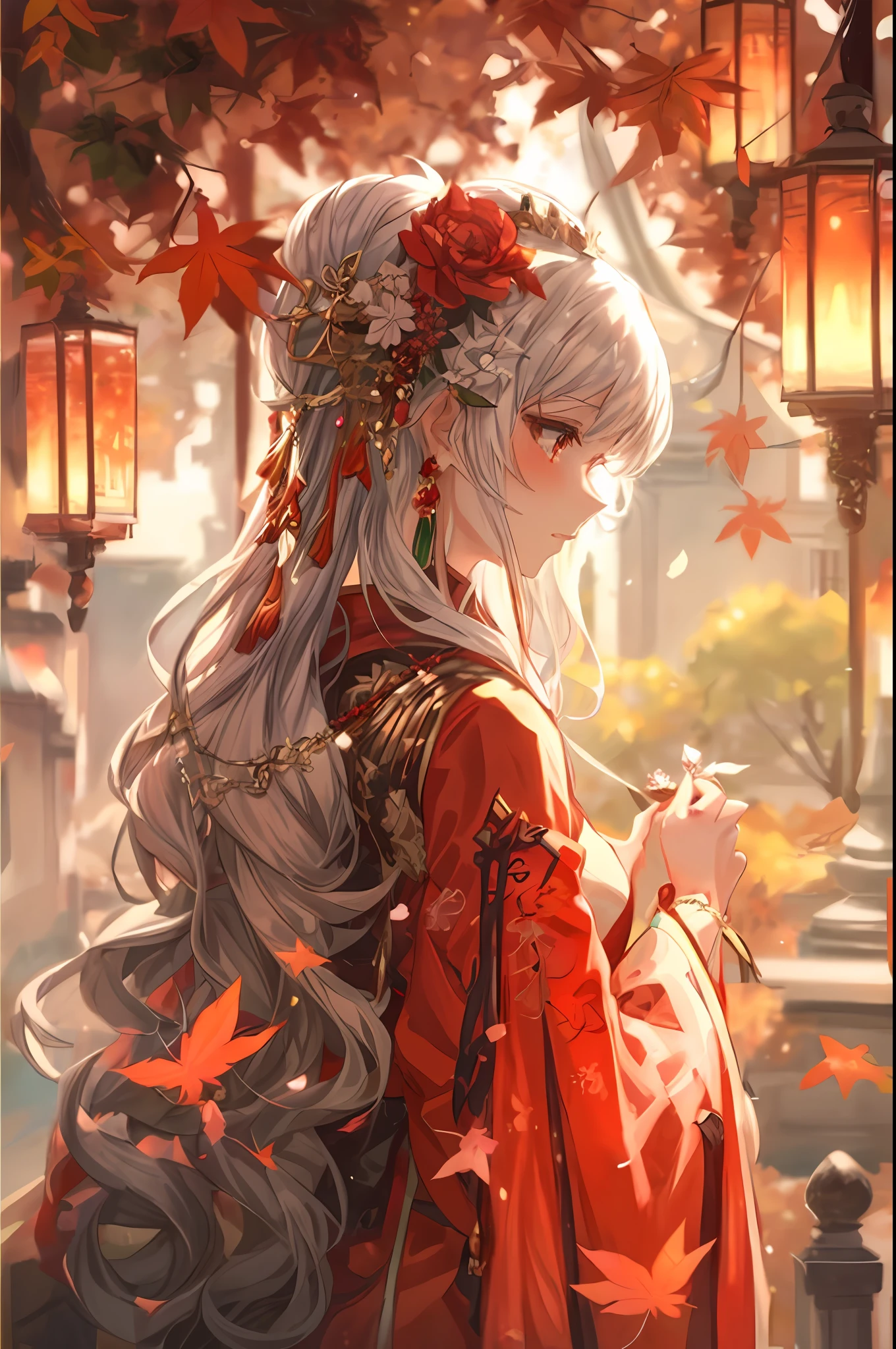 a woman in a red dress holding a flower in her hand, palace ， a girl in hanfu, ((a beautiful fantasy empress)), autumnal empress, beautiful anime portrait, by Yang J, white haired deity, beautiful anime style, guweiz, beautiful anime girl, anime girl with long hair, flowing hair and long robes, beautiful anime woman, 🍁 cute