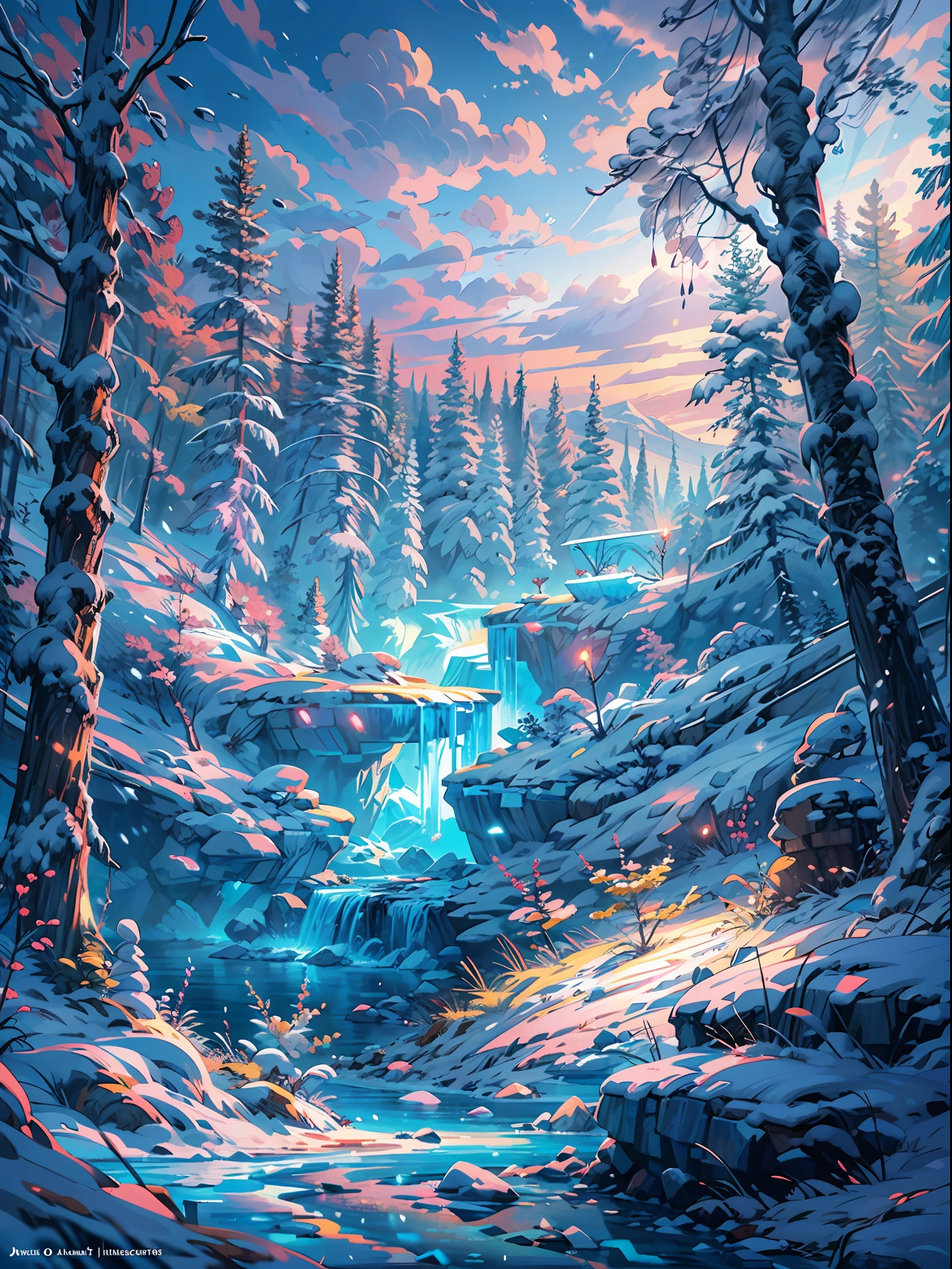 This breathtaking piece of official concept art by Mappa Studios depicts a majestic scene of an ice age frozen river. Every element is covered in a pristine blanket of glistening ice and snow, creating a winter wonderland. The landscape features an enchanting forest of ice spikes, which reach towards the sky with an ethereal beauty. Above, the aurora dances across the night sky, casting a mesmerizing glow over the frozen landscape.
BREAK
Despite the blizzard and snowstorm raging, a small bush resiliently stands, adding a touch of life and color to the otherwise icy surroundings. The atmosphere is heightened by a gentle fog, which adds an air of mystery and creates a sense of depth within the scene.
BREAK
This highly detailed digital art is rendered in a stunning 4k resolution, showcasing the intricate details of the ice formations and the delicate textures of the snow. The realism achieved through the use of Octane Render brings the scene to life, making it almost tangible.
BREAK
The use of bioluminescent elements adds a magical touch to the composition, with soft glows of cool colors illuminating the frozen landscape. The artistic technique of ligne claire creates clean, well-defined lines, adding to the overall aesthetic appeal of the artwork.
BREAK
This masterpiece is a testament to Mappa Studios' talent and expertise, representing the best quality in official art and illustration. The composition is perfectly balanced, adhering to the rule of thirds and creating a visually pleasing arrangement of elements.
BREAK
With its 8k resolution, this concept art showcases an incredible level of detail, allowing viewers to immerse themselves fully in the frozen world depicted. The image is a true gem in the realm of fantasy art, capturing the essence of a winter wonderland with a focused and captivating vision.