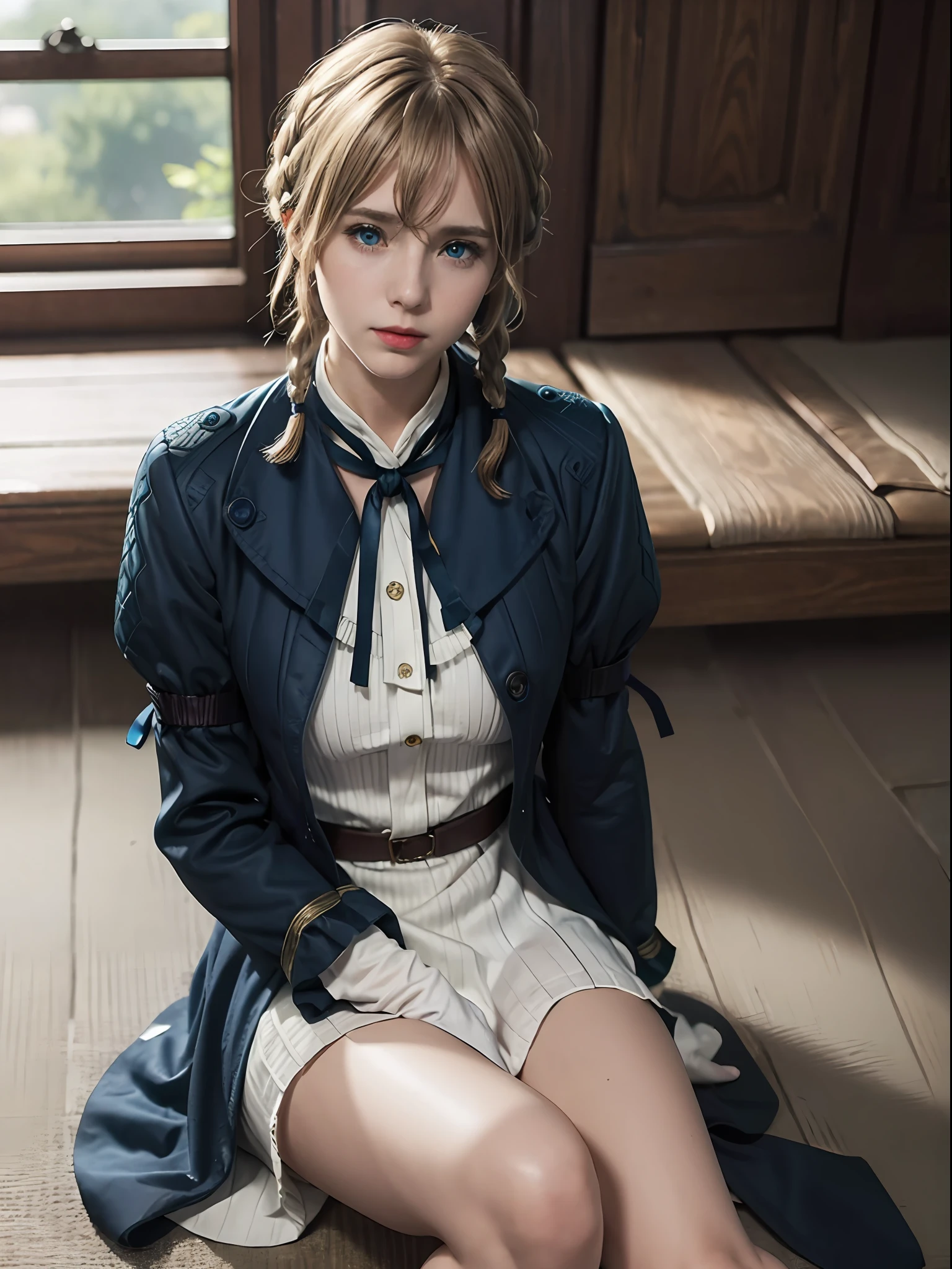 violet_evergarden,  blue_eyes, blonde hair, blue eyes, hair ribbon, ribbon, short hair, braids, hair braids, red ribbon, mature female, blue jacket, brown gloves, cropped jacket, dress, gloves, green brooch, jacket, juliet sleeves, long sleeves, puffy sleeves, white dress blonde hair, erotic smile, erotic eyes, erotic pose, sit on the floor, full body, breast focus, spread legs, (realism:1.2), (masterpiece:1.2), (best quality), (ultra detailed), (8k, intricate), (85mm), light particles, lighting, (detailed eyes:1.2), (detailed face:1.2), (highly detailed:1.2), (gradients), colorful, daylight,