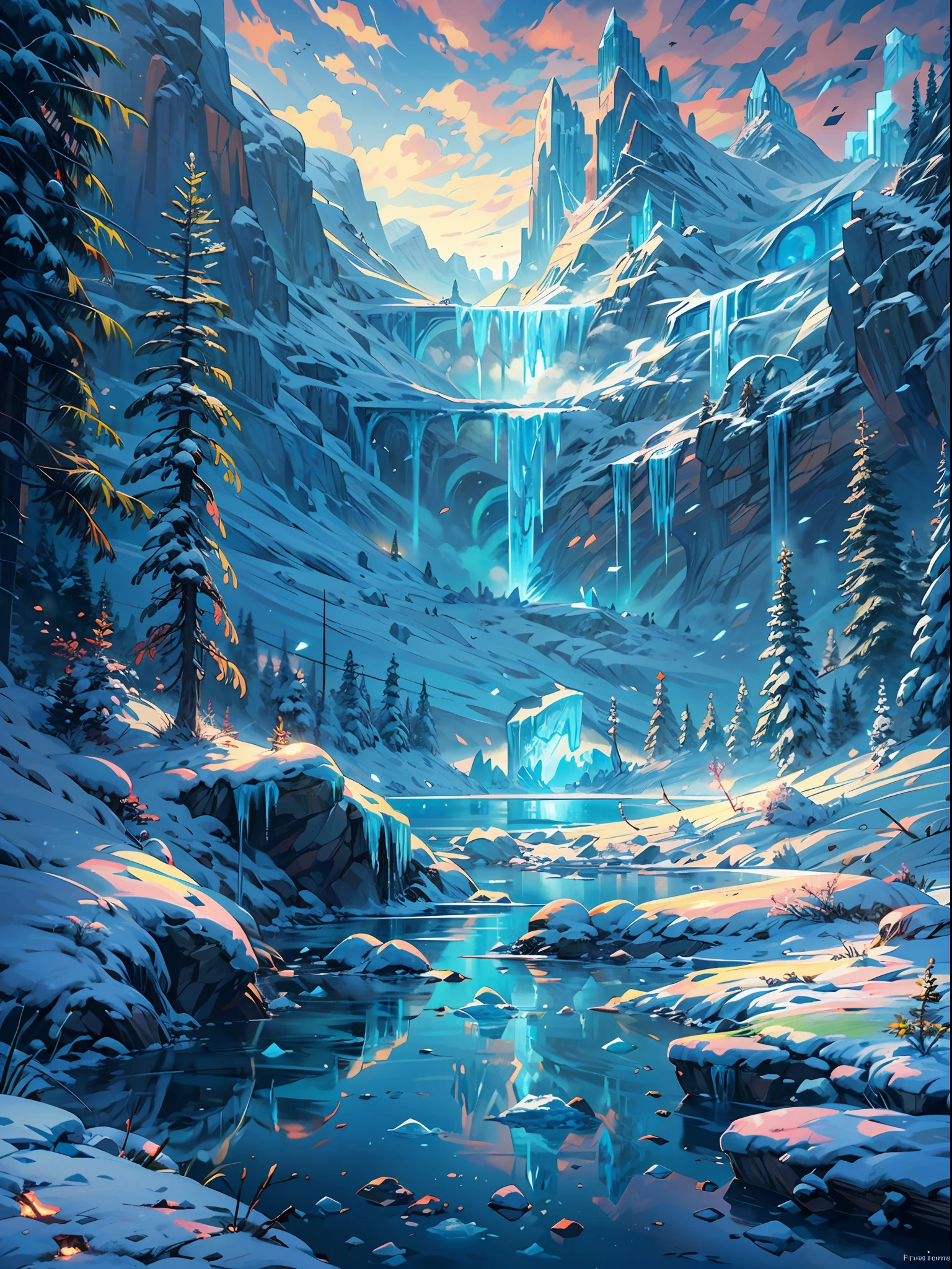 This breathtaking piece of official concept art by Mappa Studios depicts a majestic scene of an ice age frozen river. Every element is covered in a pristine blanket of glistening ice and snow, creating a winter wonderland. The landscape features an enchanting forest of ice spikes, which reach towards the sky with an ethereal beauty. Above, the aurora dances across the night sky, casting a mesmerizing glow over the frozen landscape.
BREAK
Despite the blizzard and snowstorm raging, a small bush resiliently stands, adding a touch of life and color to the otherwise icy surroundings. The atmosphere is heightened by a gentle fog, which adds an air of mystery and creates a sense of depth within the scene.
BREAK
This highly detailed digital art is rendered in a stunning 4k resolution, showcasing the intricate details of the ice formations and the delicate textures of the snow. The realism achieved through the use of Octane Render brings the scene to life, making it almost tangible.
BREAK
The use of bioluminescent elements adds a magical touch to the composition, with soft glows of cool colors illuminating the frozen landscape. The artistic technique of ligne claire creates clean, well-defined lines, adding to the overall aesthetic appeal of the artwork.
BREAK
This masterpiece is a testament to Mappa Studios' talent and expertise, representing the best quality in official art and illustration. The composition is perfectly balanced, adhering to the rule of thirds and creating a visually pleasing arrangement of elements.
BREAK
With its 8k resolution, this concept art showcases an incredible level of detail, allowing viewers to immerse themselves fully in the frozen world depicted. The image is a true gem in the realm of fantasy art, capturing the essence of a winter wonderland with a focused and captivating vision.