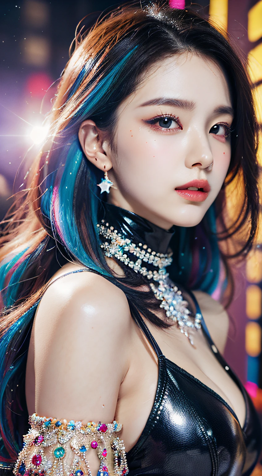 Pixiv artwork, exquisite (live-action realistic style), extreme face, blow-bombable skin, photorealistic light and shadow, starry eyes, seven-colored hair, shiny jewelry, colorful paint splashed background, dressed fashion, upper body out of the country, shoulders, front, beautiful, extremely high quality, cinematic picture