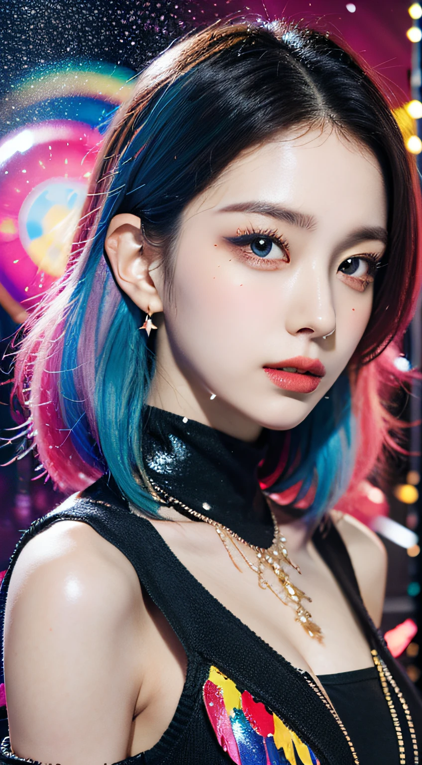Pixiv artwork, exquisite (live-action realistic style), extreme face, blow-bombable skin, photorealistic light and shadow, starry eyes, seven-colored hair, shiny jewelry, colorful paint splashed background, dressed fashion, upper body out of the country, shoulders, front, beautiful, extremely high quality, cinematic picture
