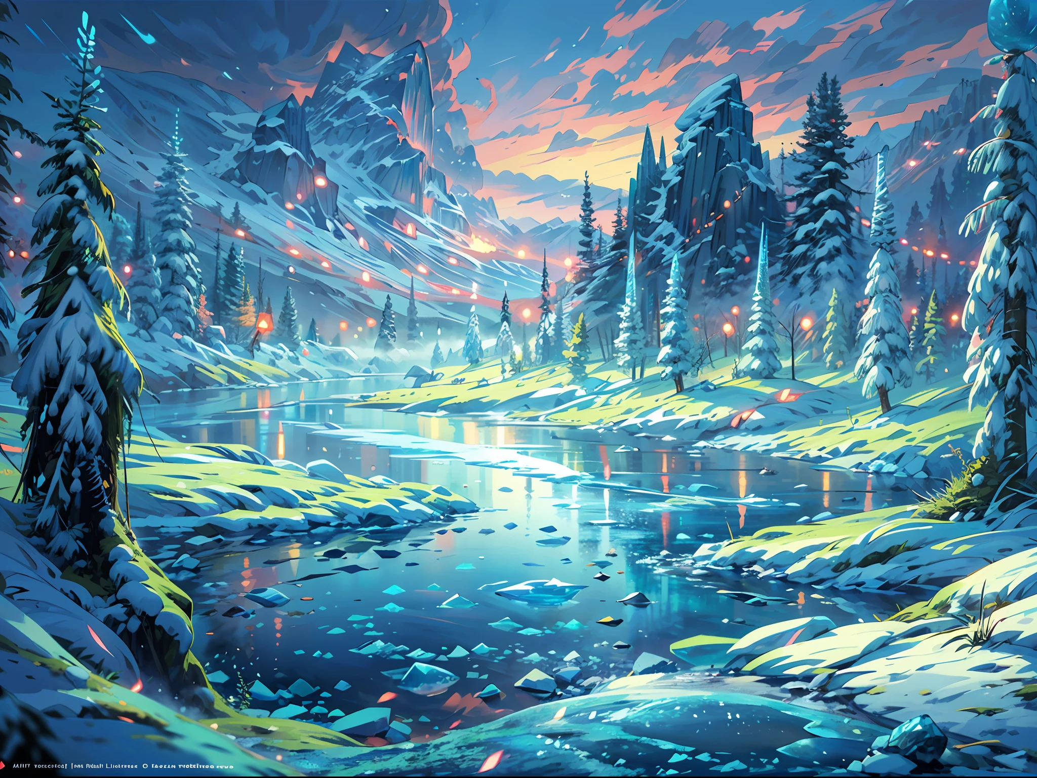 This breathtaking piece of official concept art by Mappa Studios depicts a majestic scene of an ice age frozen river. Every element is covered in a pristine blanket of glistening ice and snow, creating a winter wonderland. The landscape features an enchanting forest of ice spikes, which reach towards the sky with an ethereal beauty. Above, the aurora dances across the night sky, casting a mesmerizing glow over the frozen landscape.
BREAK
Despite the blizzard and snowstorm raging, a small bush resiliently stands, adding a touch of life and color to the otherwise icy surroundings. The atmosphere is heightened by a gentle fog, which adds an air of mystery and creates a sense of depth within the scene.
BREAK
This highly detailed digital art is rendered in a stunning 4k resolution, showcasing the intricate details of the ice formations and the delicate textures of the snow. The realism achieved through the use of Octane Render brings the scene to life, making it almost tangible.
BREAK
The use of bioluminescent elements adds a magical touch to the composition, with soft glows of cool colors illuminating the frozen landscape. The artistic technique of ligne claire creates clean, well-defined lines, adding to the overall aesthetic appeal of the artwork.
BREAK
This masterpiece is a testament to Mappa Studios' talent and expertise, representing the best quality in official art and illustration. The composition is perfectly balanced, adhering to the rule of thirds and creating a visually pleasing arrangement of elements.
BREAK
With its 8k resolution, this concept art showcases an incredible level of detail, allowing viewers to immerse themselves fully in the frozen world depicted. The image is a true gem in the realm of fantasy art, capturing the essence of a winter wonderland with a focused and captivating vision.