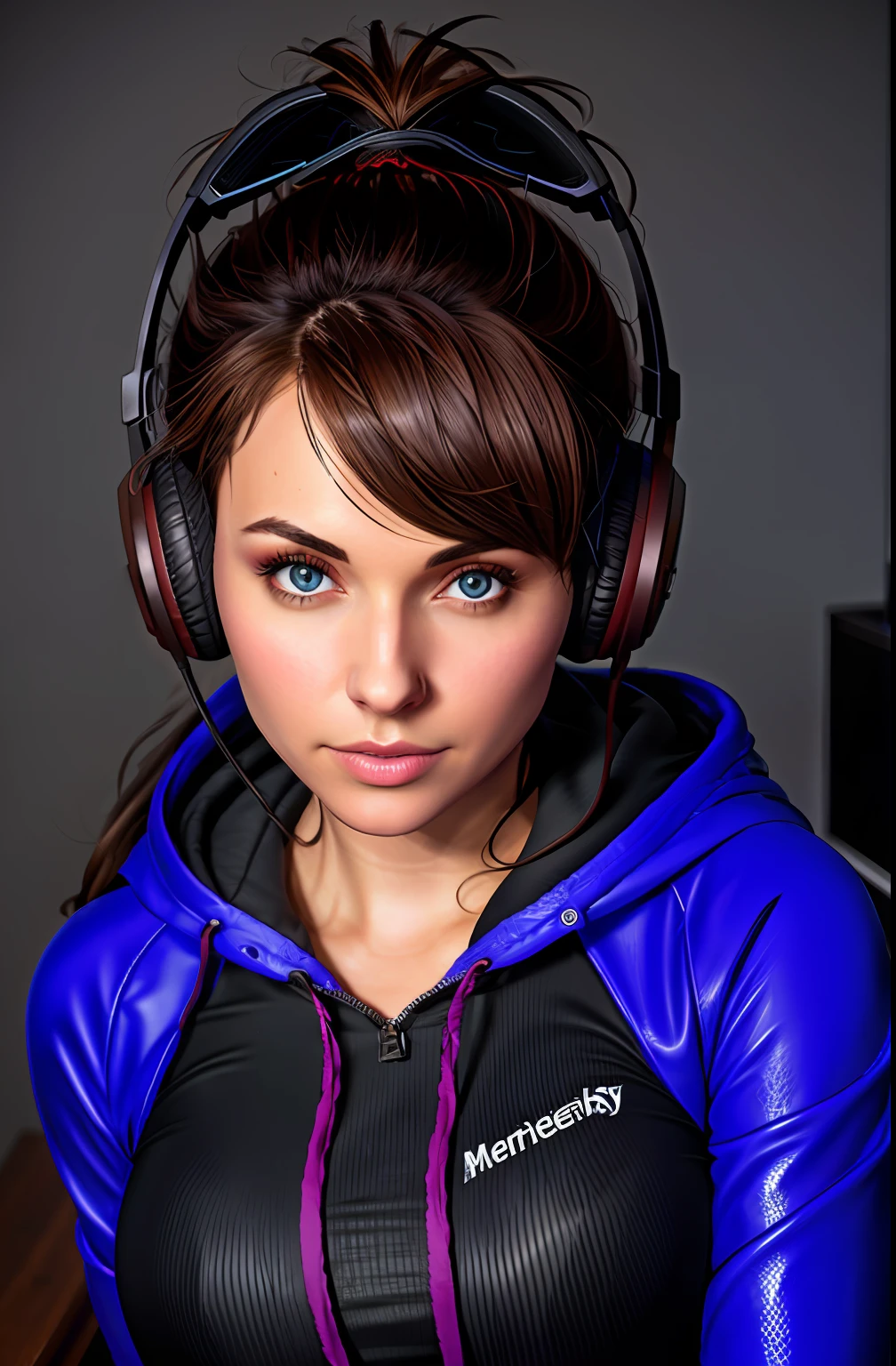 long dark brown haired gamer girl leaning into the camera, photo from front above, dark red hoodie, large leather gamer headphones, medium breasts, skintight black top:1.2, cleavage, purple bra:1.2, looking at viewer, soft colors, cinematic lighting, perfect anatomy:1.2, round breasts:1.2, well-organized, neat:1.2, perfect proportions,