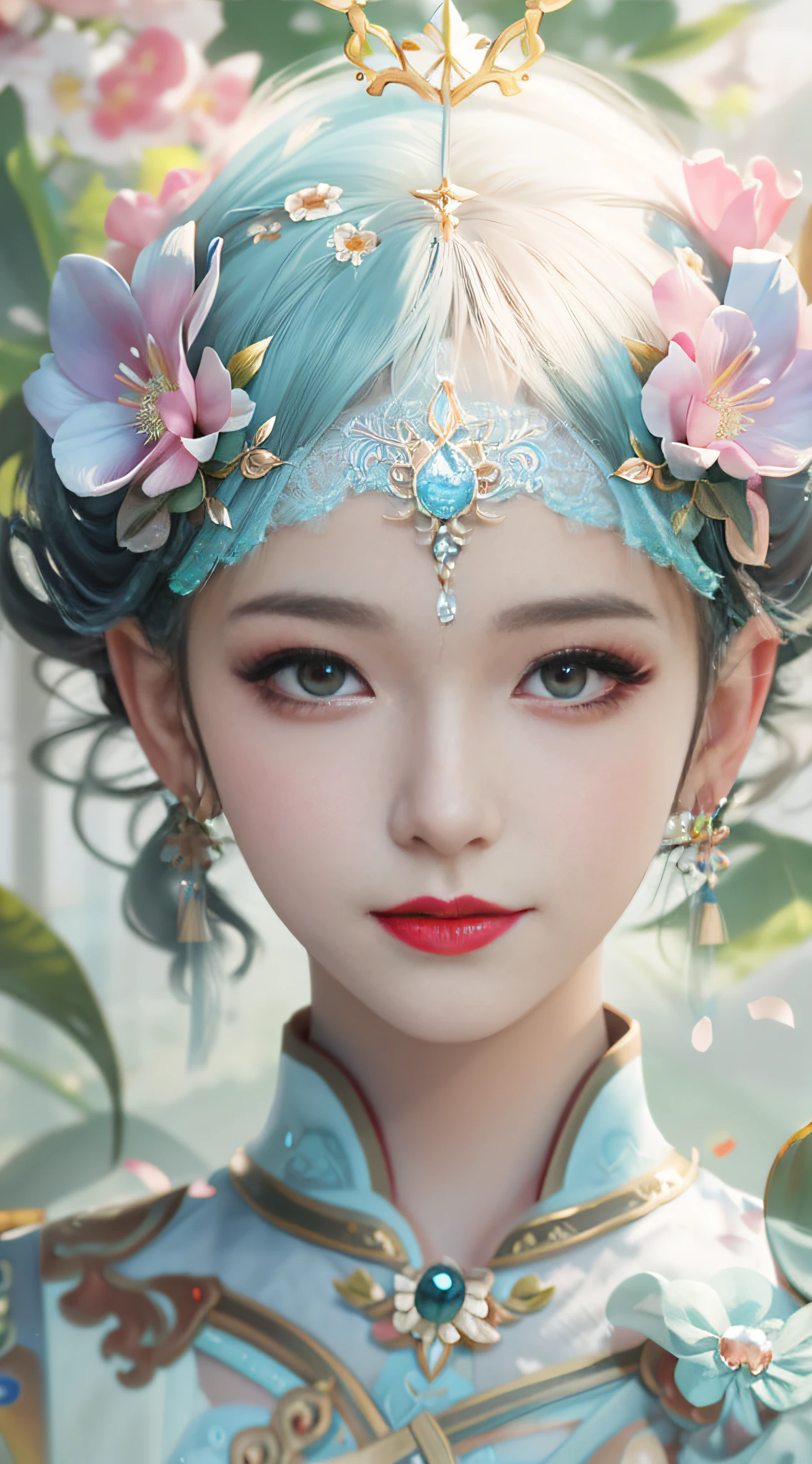 Close-up of a woman with blue hair and a flower crown, Guviz-style artwork, a beautiful fantasy empress, Palace , A girl in Hanfu, Beautiful digital artwork, Beautiful character painting, trending on cgstation, Guviz, inspired by Yanjun Cheng, Chinese fantasy, digital fantasy art ), chengwei pan on artstation