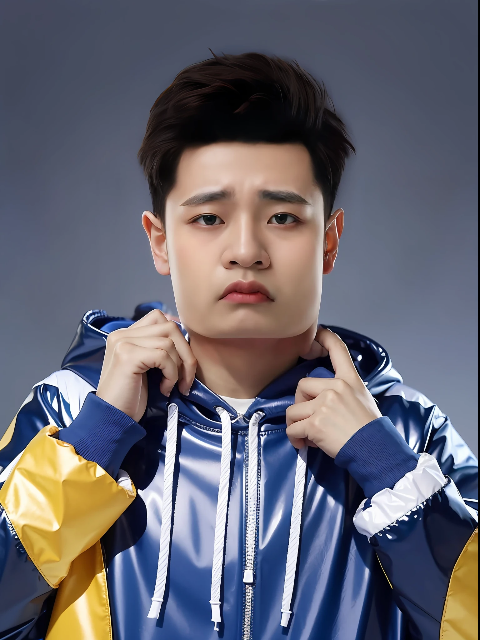 A Chinese male high school student,Wearing a blue PVC sweatshirt