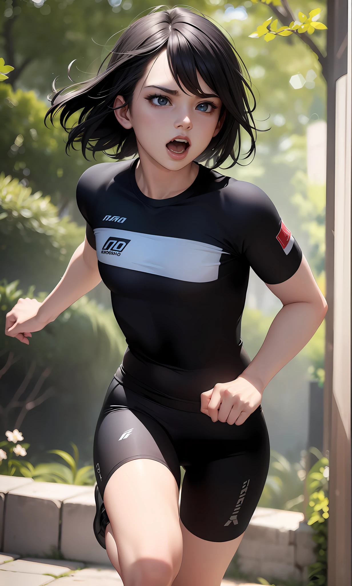 Anime girl in black and white outfit running on sidewalk with trees in background, the anime girl is running, usando roupas pretas apertadas, Irelia de League of Legends, thicc, inspirado por Zhou Wenjing, Tifa Lockhart, Fiora de League of Legends, Senna de League of Legends, vestindo camisa apertada, tou, vestindo malha