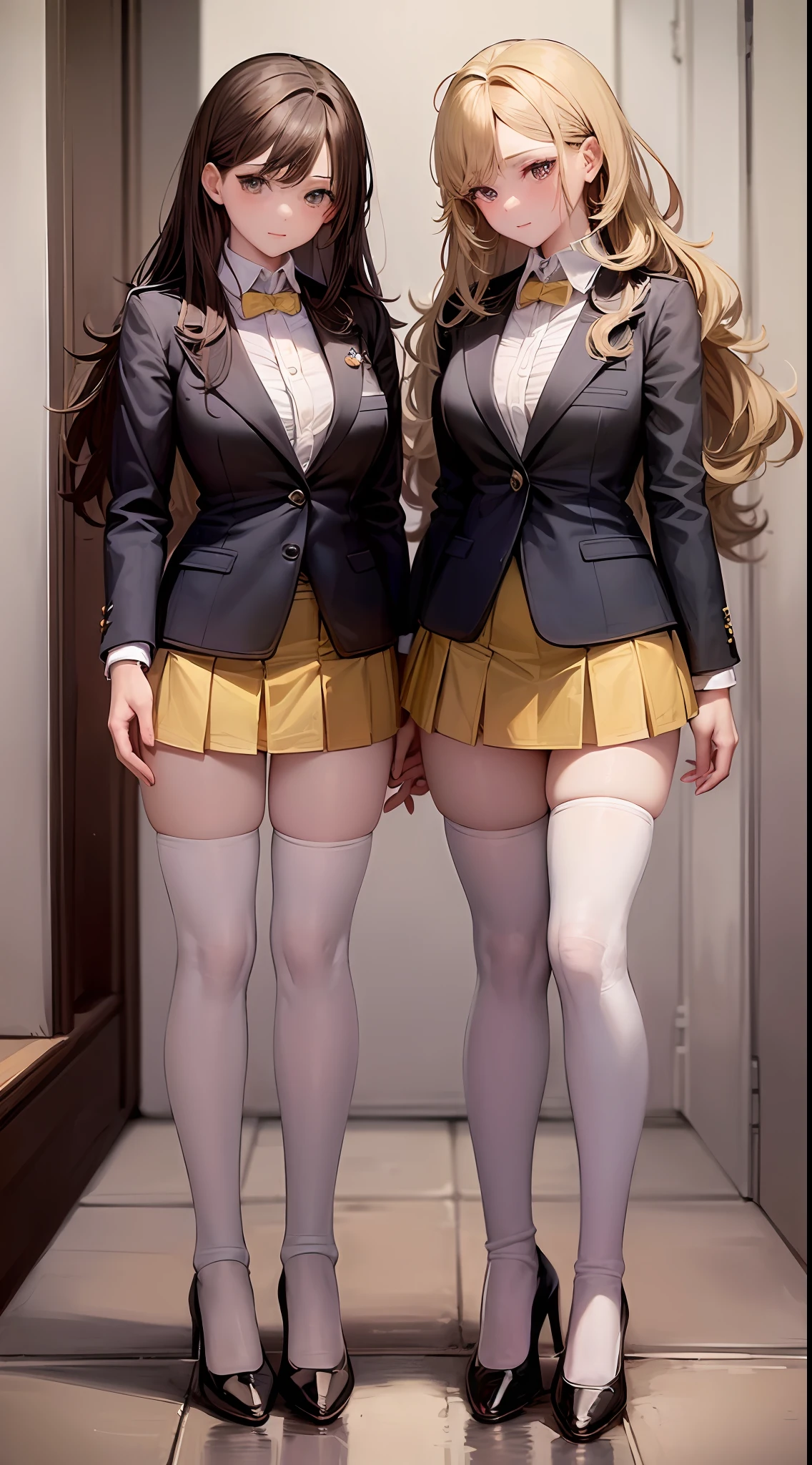 ((Masterpiece, highres)), 2girls, duo, twins, ((one brown haired girl, one blonde girl)), long hair, curly hair, matching hairstyles, different hair color, confident, elegant, rich girls, emotionless, arms at sides, straight backs, (((matching outfits, identical outfits, yellow school uniforms, sexy school uniforms, yellow blazer, yellow short skirt, white thighhighs, long white socks, black high heels))), standing at attention, shoulder to shoulder, same pose, mansion