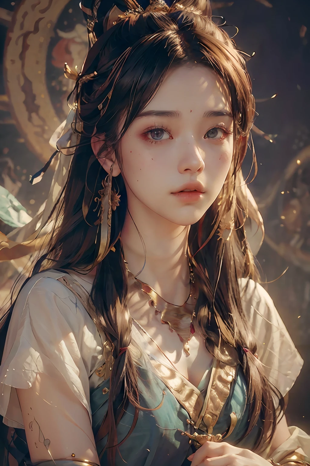(RAW photo, best quality), (realistic, photo-realistic:1.3),best quality,highly detailed,masterpiece,ultra-detailed,illustration,1girl,upper_body,dynamic angle,world masterpiece theater,messy_long_hair,best quality,extremely detailed CG unity 8k wallpaper,ink,Amazing,cinematic lighting,lens_flare, dunhuang_style
