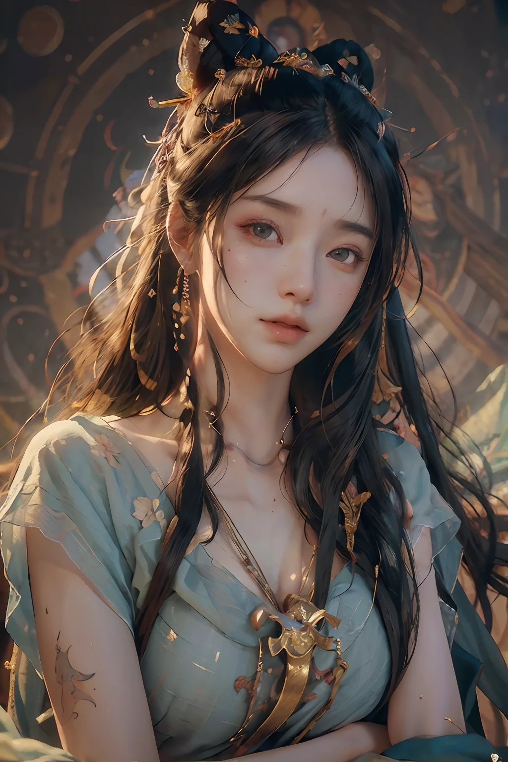 (RAW photo, best quality), (realistic, photo-realistic:1.3),best quality,highly detailed,masterpiece,ultra-detailed,illustration,1girl,upper_body,dynamic angle,world masterpiece theater,messy_long_hair,best quality,extremely detailed CG unity 8k wallpaper,ink,Amazing,cinematic lighting,lens_flare, dunhuang_style