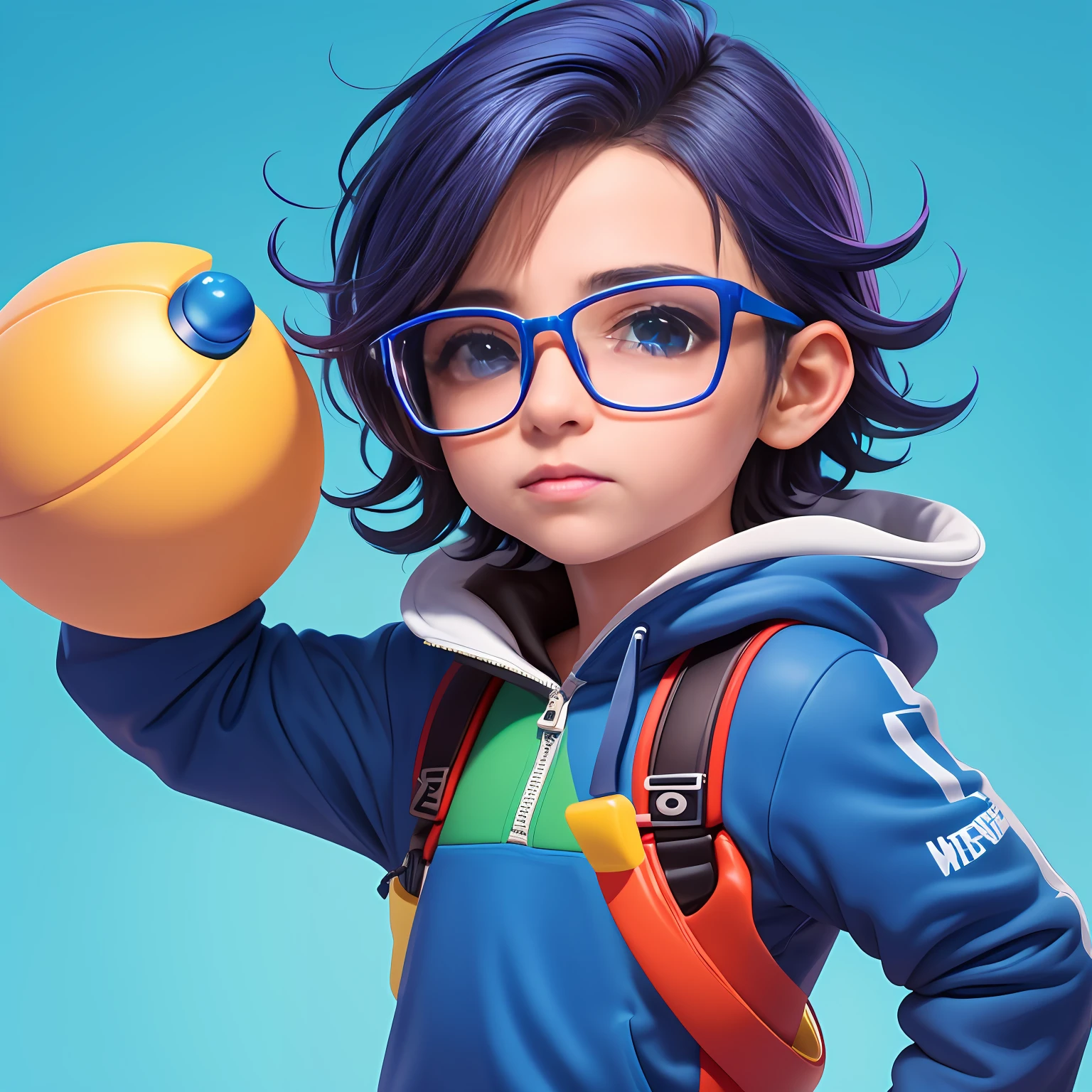 (extremamente detalhado CG unificado 8k wallpaper), estilo de brinquedo da caixa cega, um menino bonito com cabelo castanho, curto, eyeglass, moletom preto com capuz, fundo limpo azul claro, parte superior do corpo, Close-up do avatar,