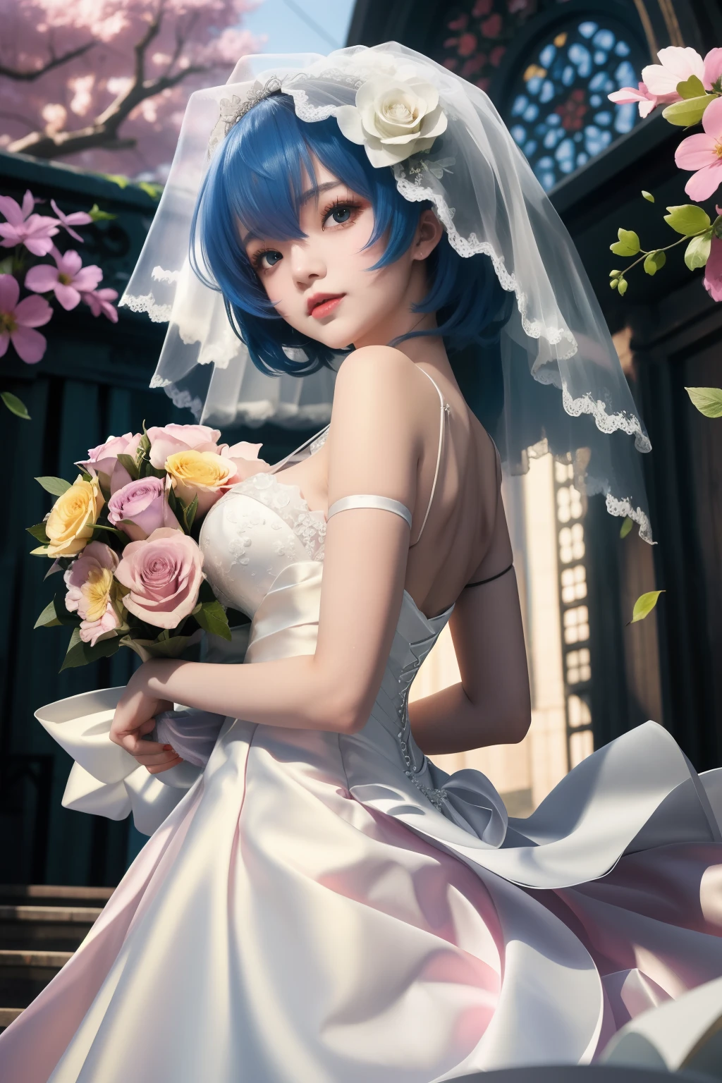 Anime - Stylistic image of a bride in a wedding dress with a bouquet, Guweiz in Pixiv ArtStation, Guweiz on ArtStation Pixiv, Guviz, 8K high quality detailed art, guweiz masterpiece, Guviz-style artwork, nightcore, Rem Rezero, trending on artstation pixiv