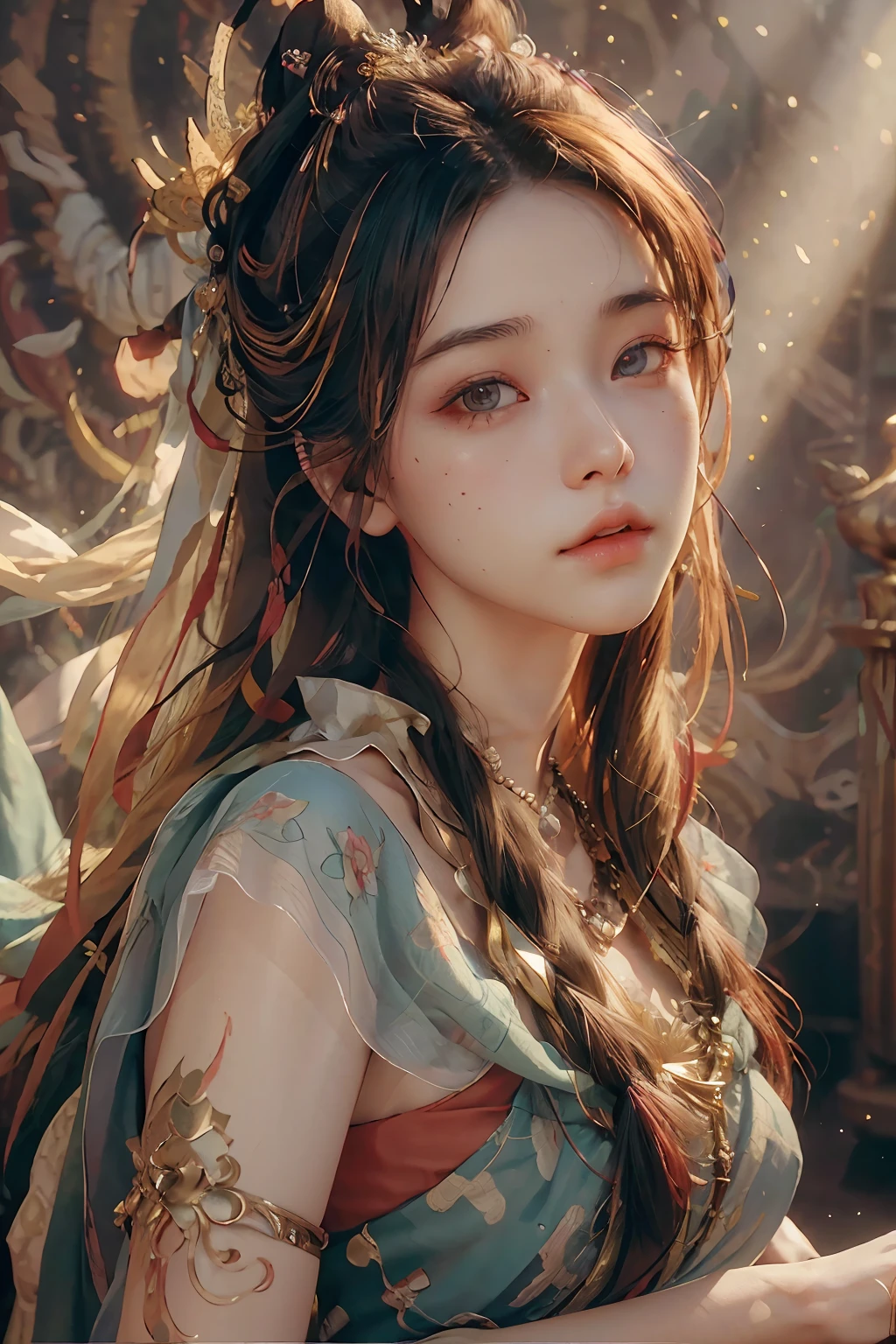 (RAW photo, best quality), (realistic, photo-realistic:1.3),best quality,highly detailed,masterpiece,ultra-detailed,illustration,1girl,upper_body,dynamic angle,world masterpiece theater,messy_long_hair,best quality,extremely detailed CG unity 8k wallpaper,ink,Amazing,cinematic lighting,lens_flare, dunhuang_style