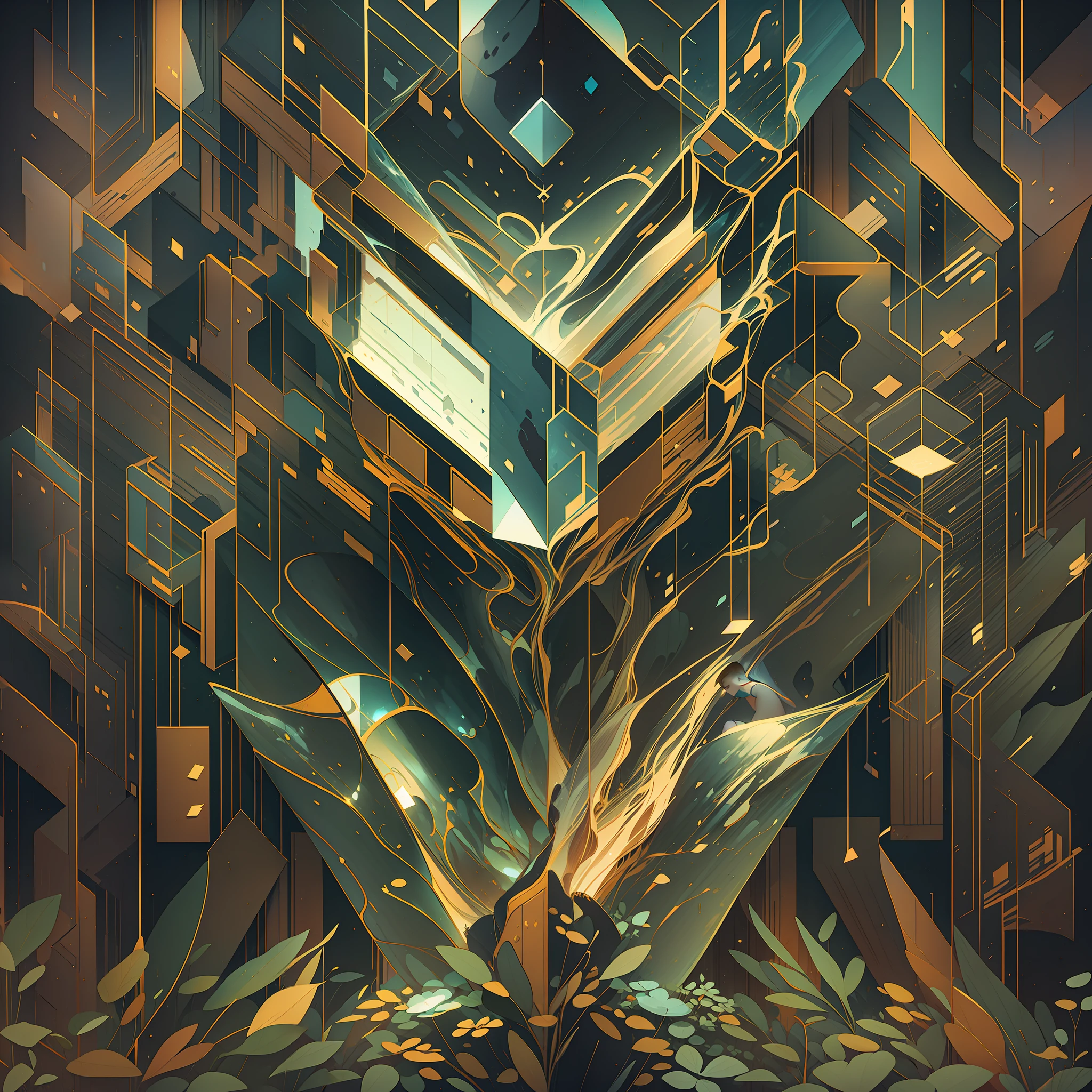 The avatar consists of simple geometric shapes，Graphic illustration，closeup cleavage，Fantastic installation style，Realistic and imaginative，hang/hang，Multi-layer collage，metals，Highlight，Three-dimensional morphology