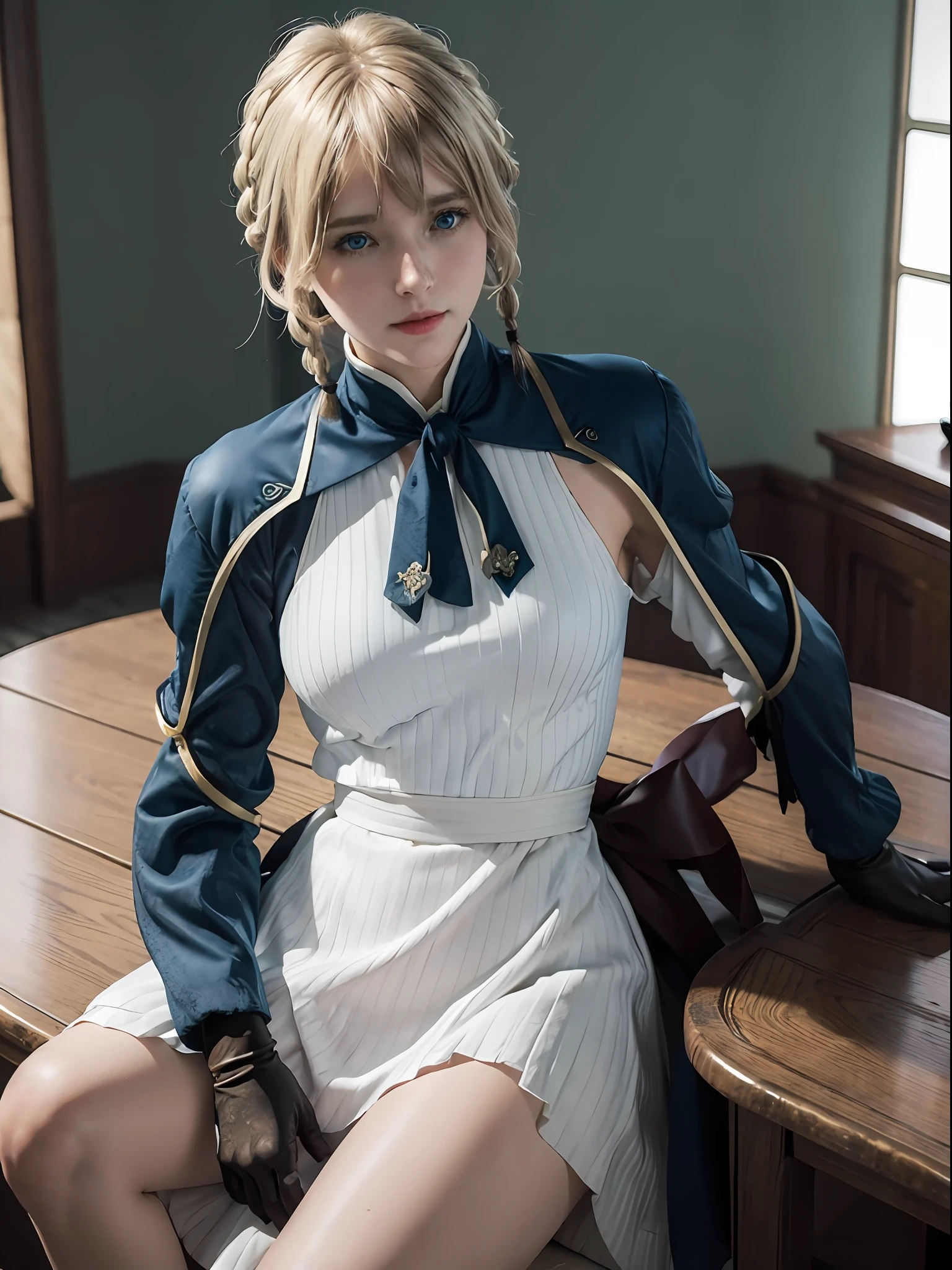 violet_evergarden, blue_eyes, blonde hair, blue eyes, hair ribbon, ribbon, short hair, braids, hair braids, red ribbon, mature female, blue jacket, brown gloves, cropped jacket, dress, gloves, green brooch, jacket, juliet sleeves, long sleeves, puffy sleeves, white dress blonde hair, erotic smile, erotic eyes, erotic pose, sit on the floor, full body, breast focus, wide spread legs, (realism:1.2), (masterpiece:1.2), (best quality), (ultra detailed), (8k, intricate), (85mm), light particles, lighting, (detailed eyes:1.2), (detailed face:1.2), (highly detailed:1.2), (dynamic angle:1.2), (gradients), colorful, daylight,