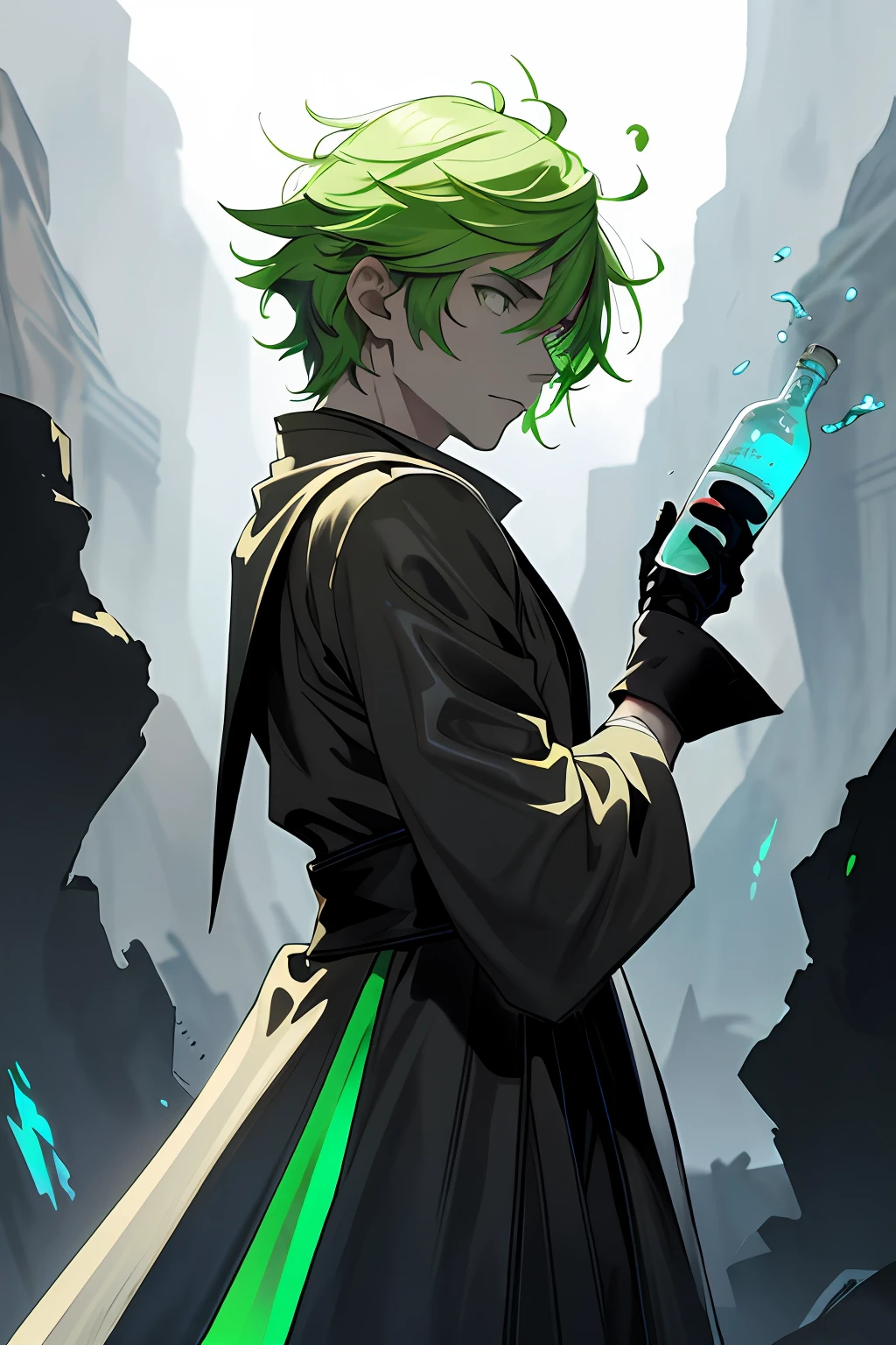 zydink,Ink sketch,best qualtiy,tmasterpiece:1.3,1boys,Light green hair,Bright pupils glowing green,short detailed hair,Hair combed back,floated hair,Green robes with many stripes,The expression is cold,abstract ink splash:1.2,He held the glowing green bottle in one hand,A dragon was wrapped around his arm,The dragon was staring at the bottle,There is a faint fluorescence around the bottle,He looked up at the night sky,Green flames surrounded his body